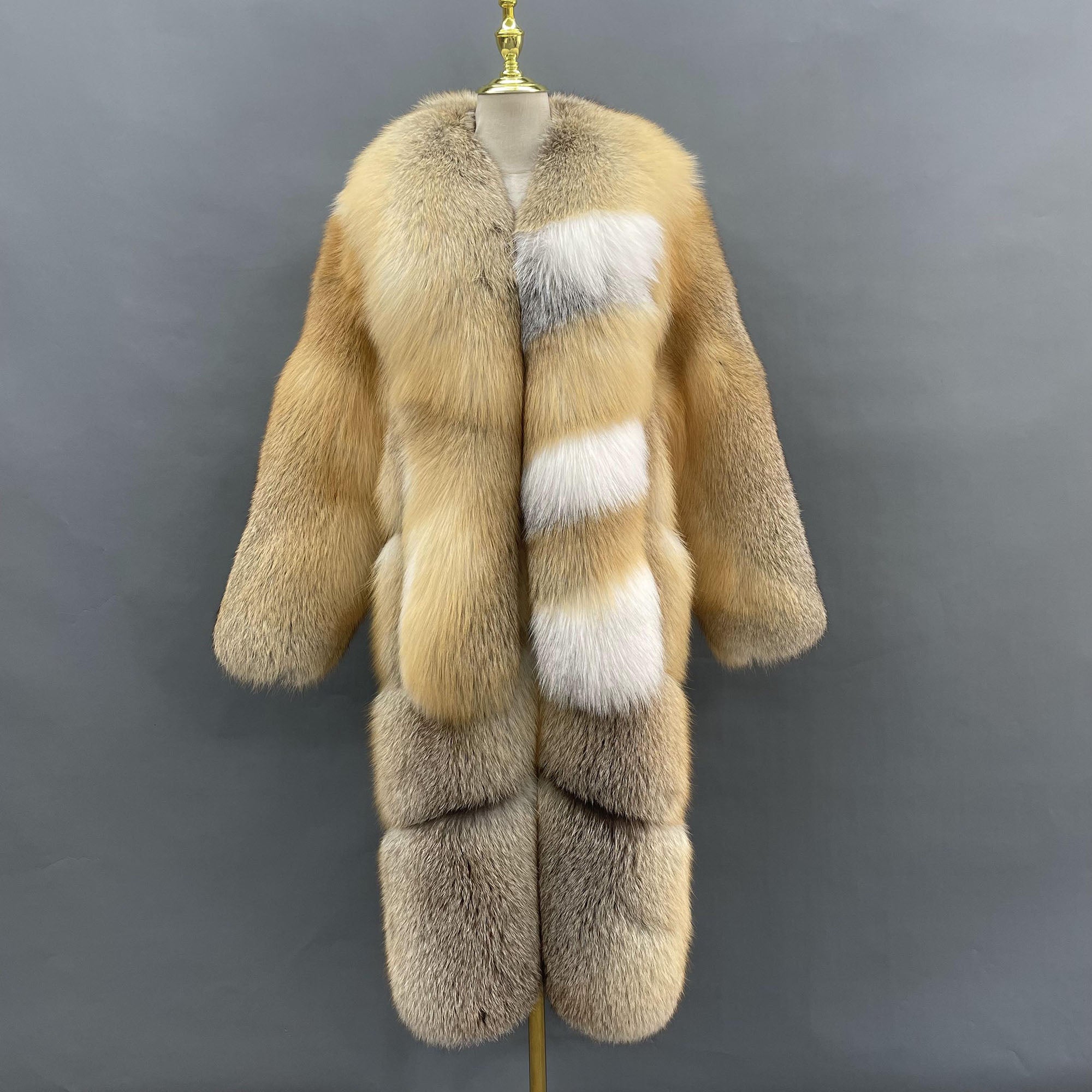 Women's Golden Island Fox Fur Long Coat - natural color front view