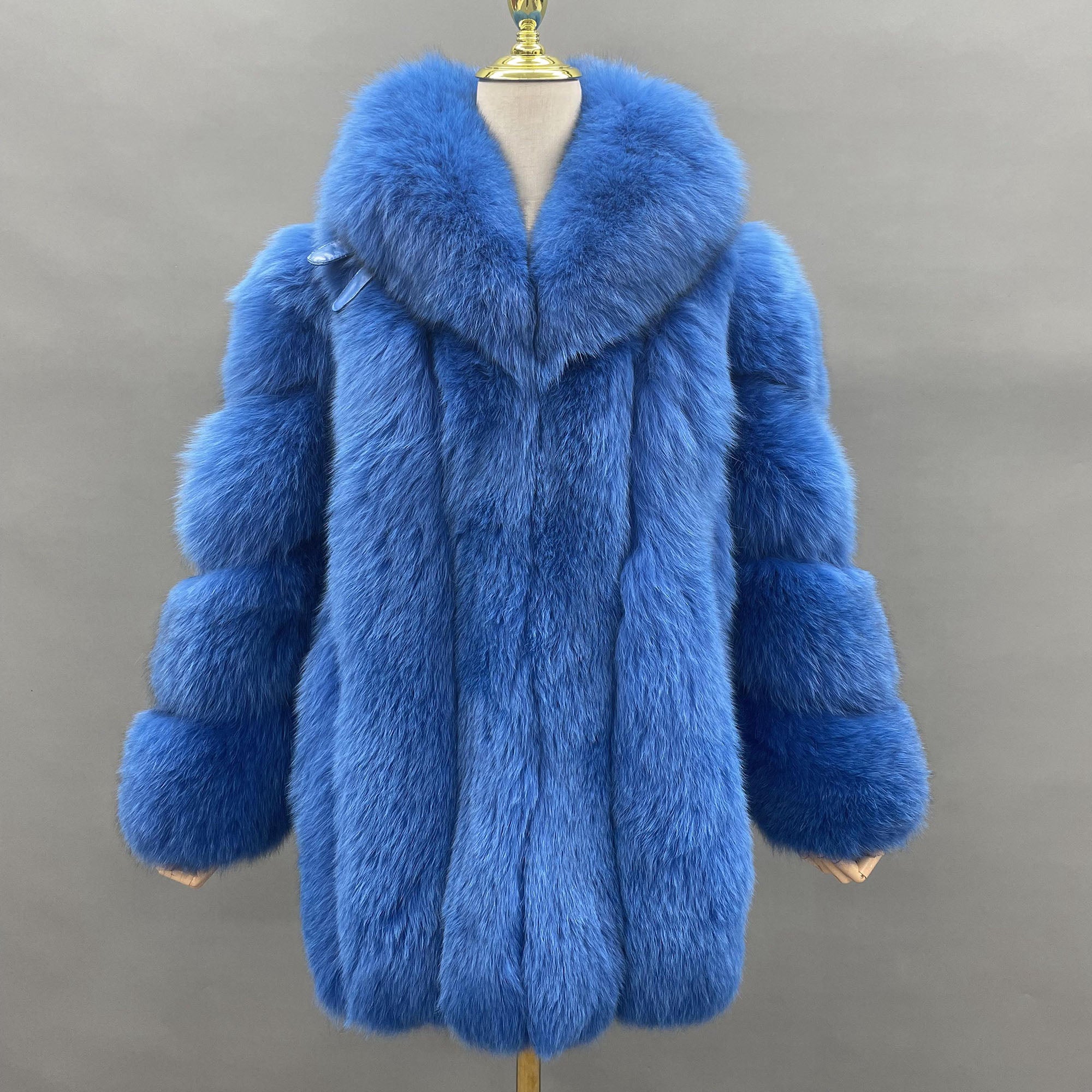 Women's Vertical-Stripe Fox Fur Oversized Coat with Banded Sleeves & Lapel Collar — Downtown Rhythm