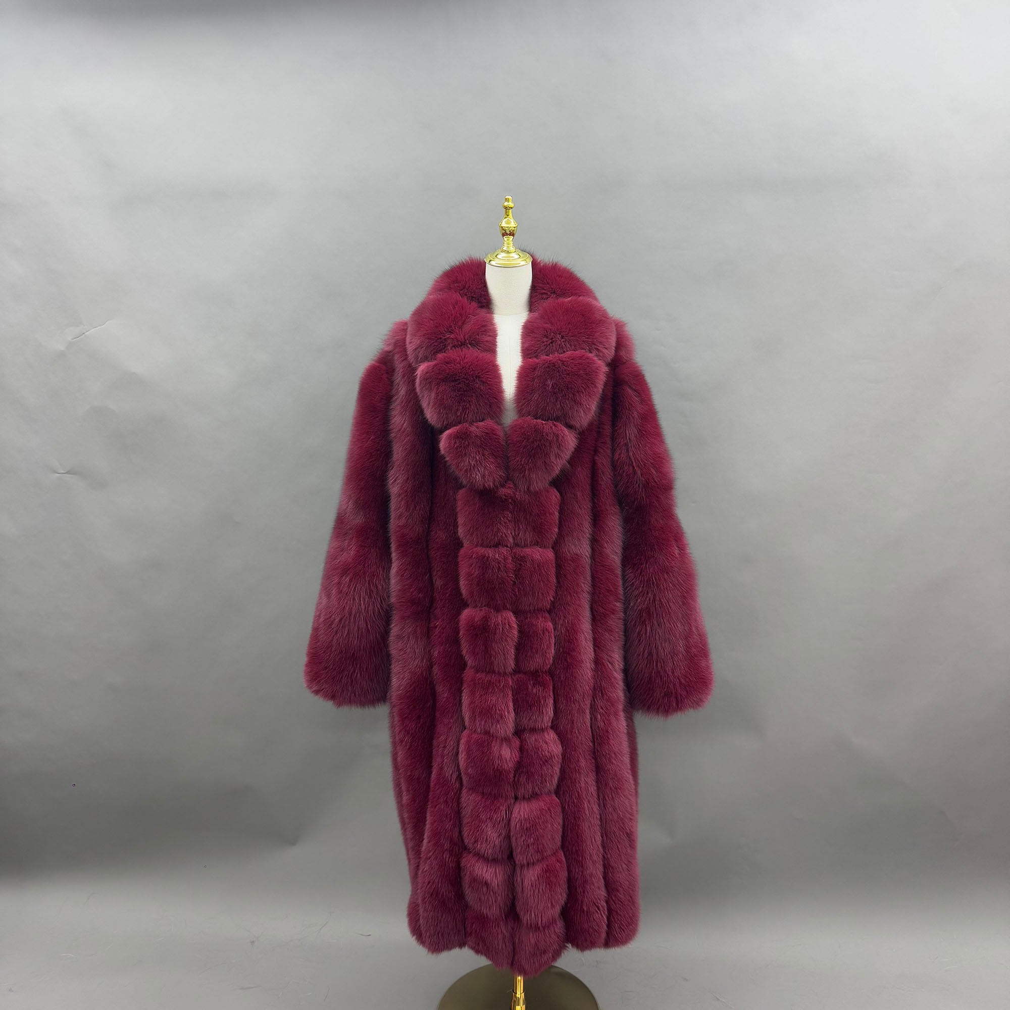 Women's Real Fox Fur Maxi Coat with Lapel Collar & Stacked Fur Placket