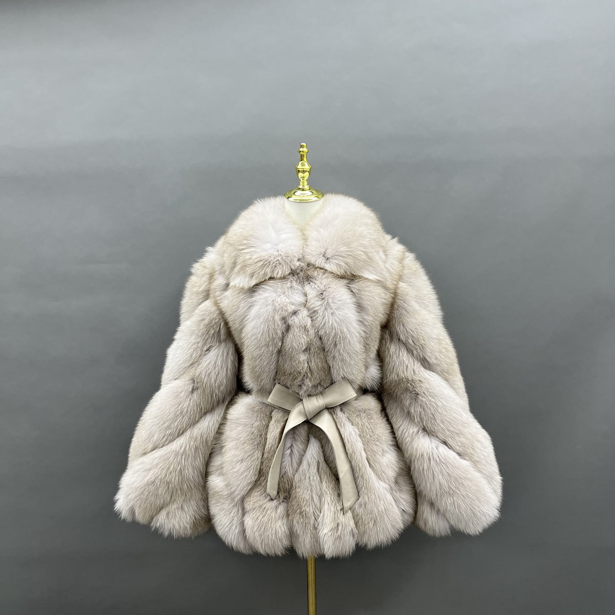 Women's Real Fox Fur Hip-Length Jacket with Turn-Down Collar & Bow Detail — Downtown Rhythm