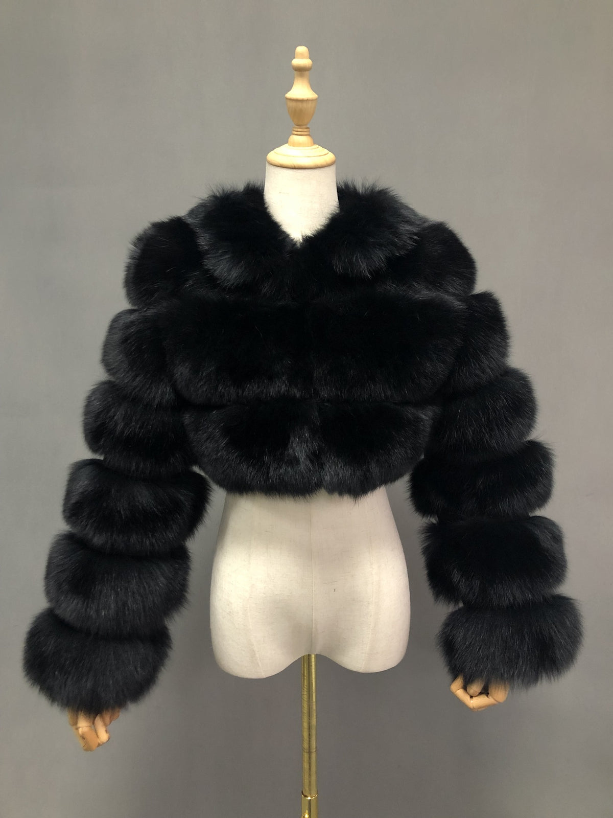 Women's Real Fox Fur Cropped Jacket with Three-Row Panels & Stand Collar — Downtown Rhythm