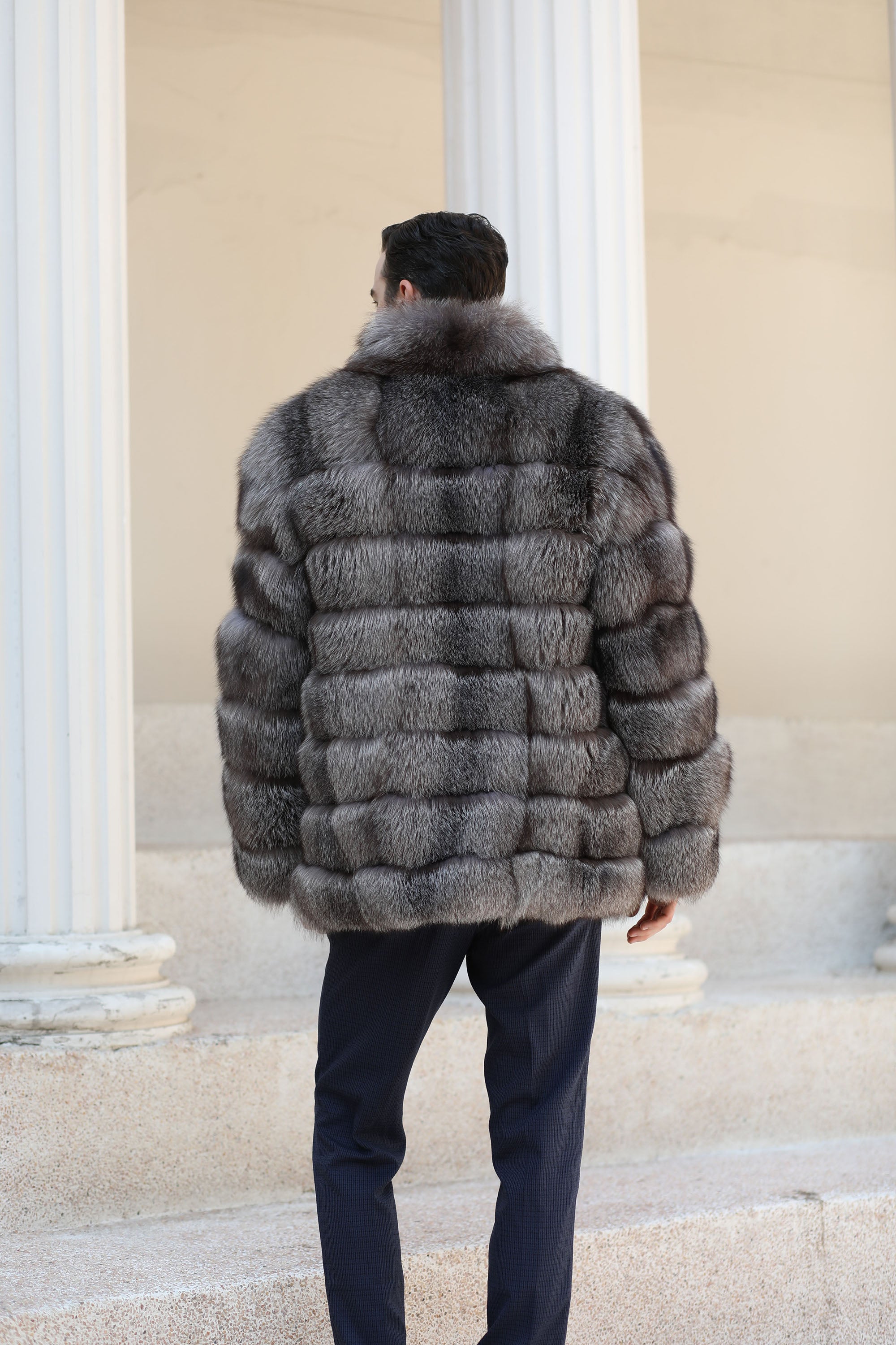 Men Real Fox Fur 8 Horizontal Stripe Stand Collar Luxury Fur Jacket