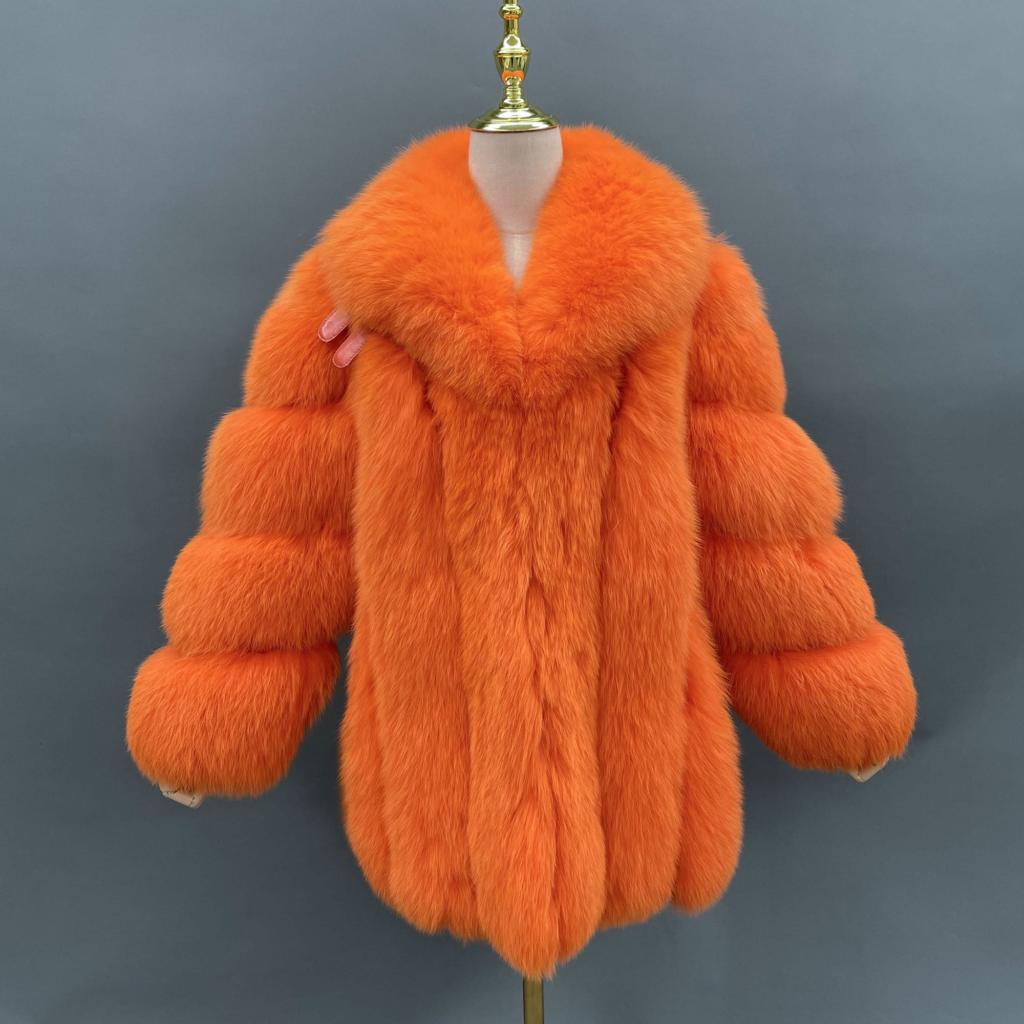 Women's Vertical-Stripe Fox Fur Oversized Coat with Banded Sleeves & Lapel Collar — Downtown Rhythm