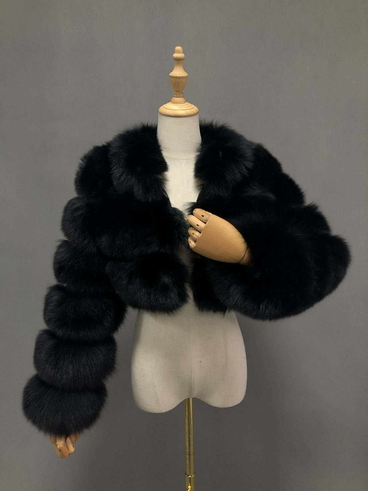 Women's Real Fox Fur Cropped Jacket with Three-Row Panels & Stand Collar — Downtown Rhythm