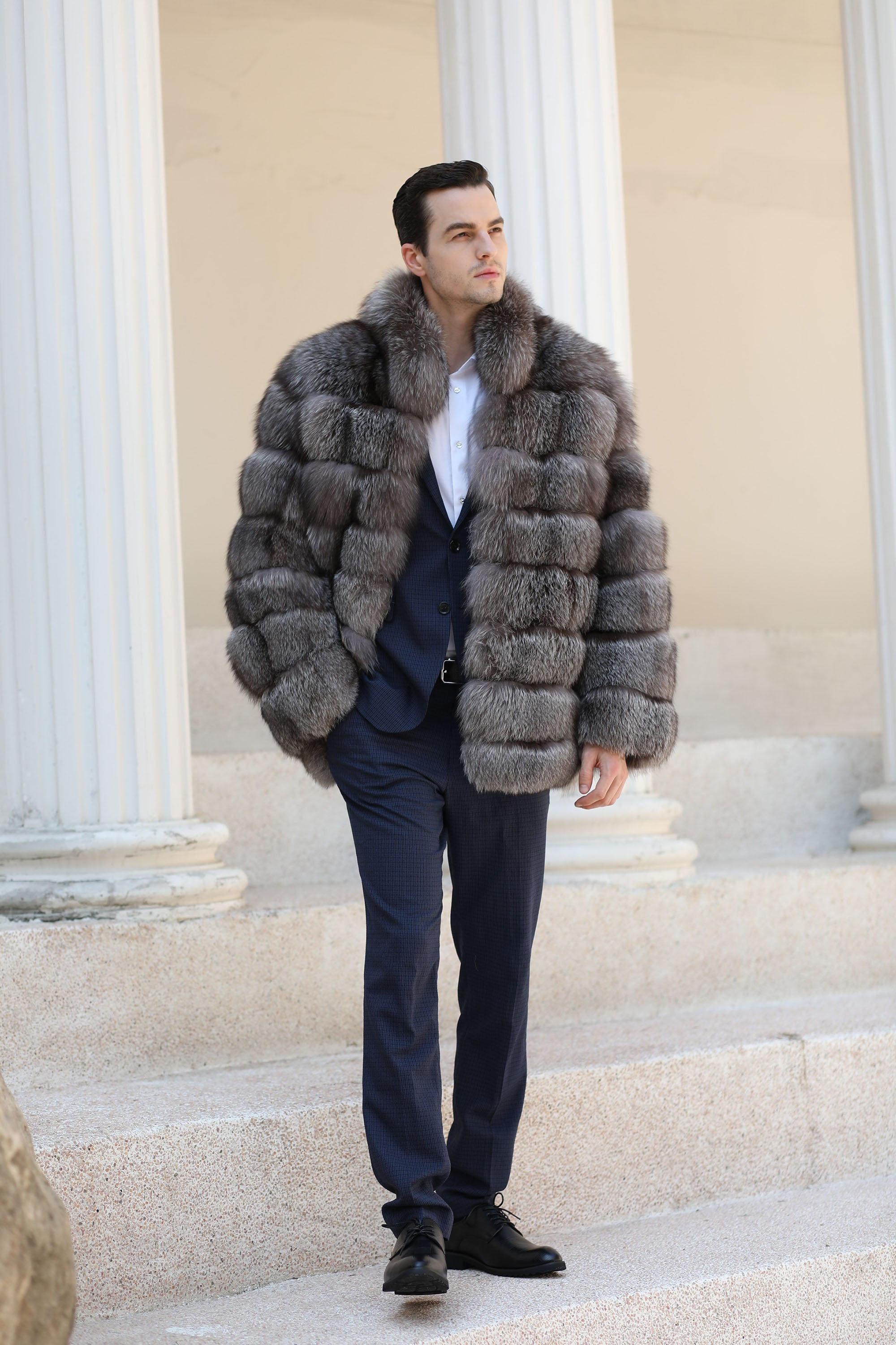 Men Real Fox Fur 8 Horizontal Stripe Stand Collar Luxury Fur Jacket
