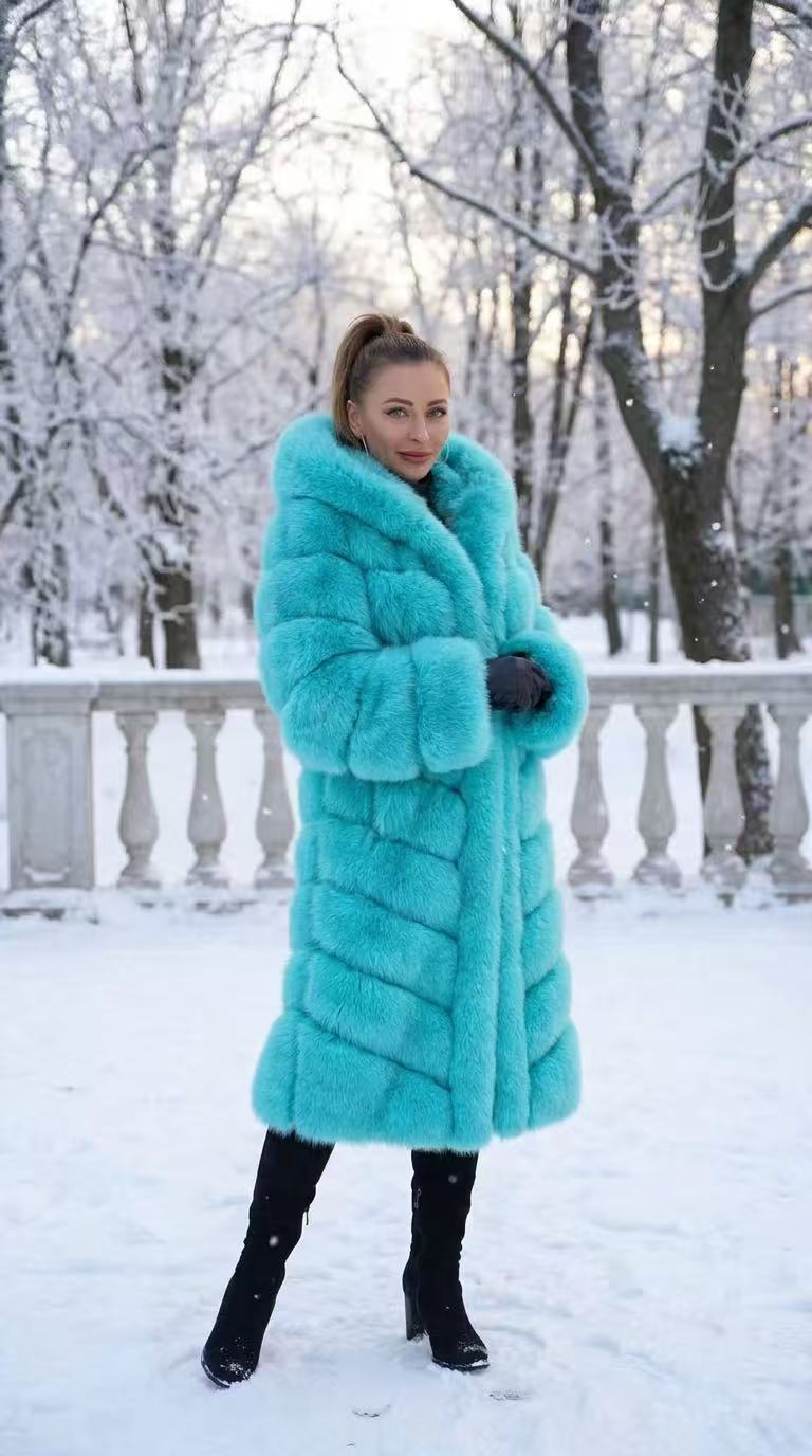 Women's Dyed Fox Fur Hooded Long Coat with Horizontal Stripe Panels — Downtown Rhythm