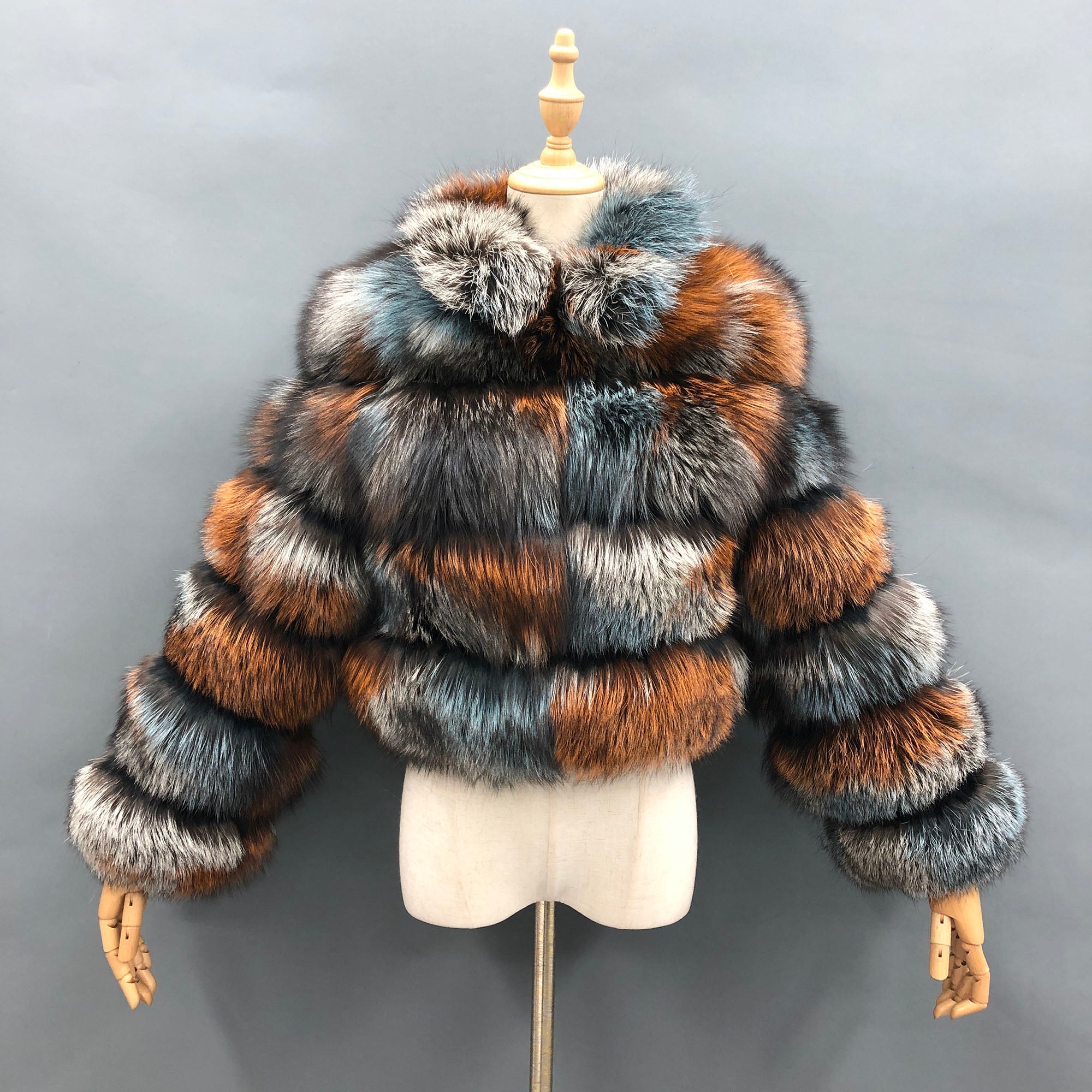 Women's Real Dyed Silver Fox Fur Stand Collar Cropped Jacket - Front View