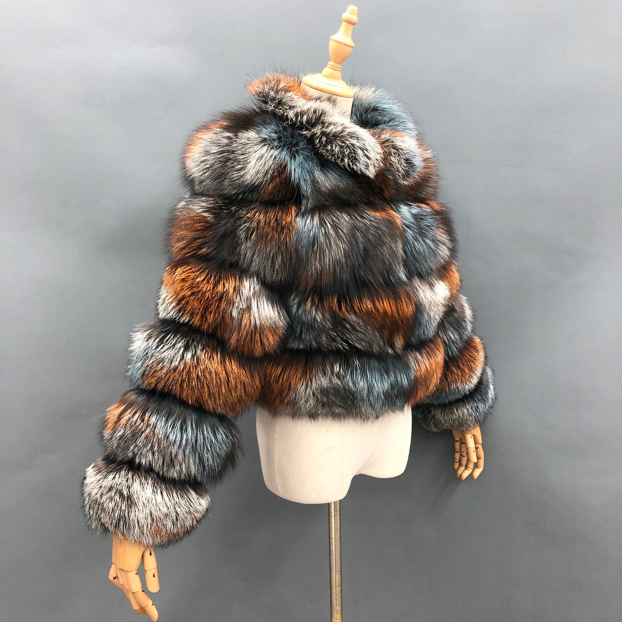 Women's Real Dyed Silver Fox Fur Stand Collar Cropped Jacket - Back View