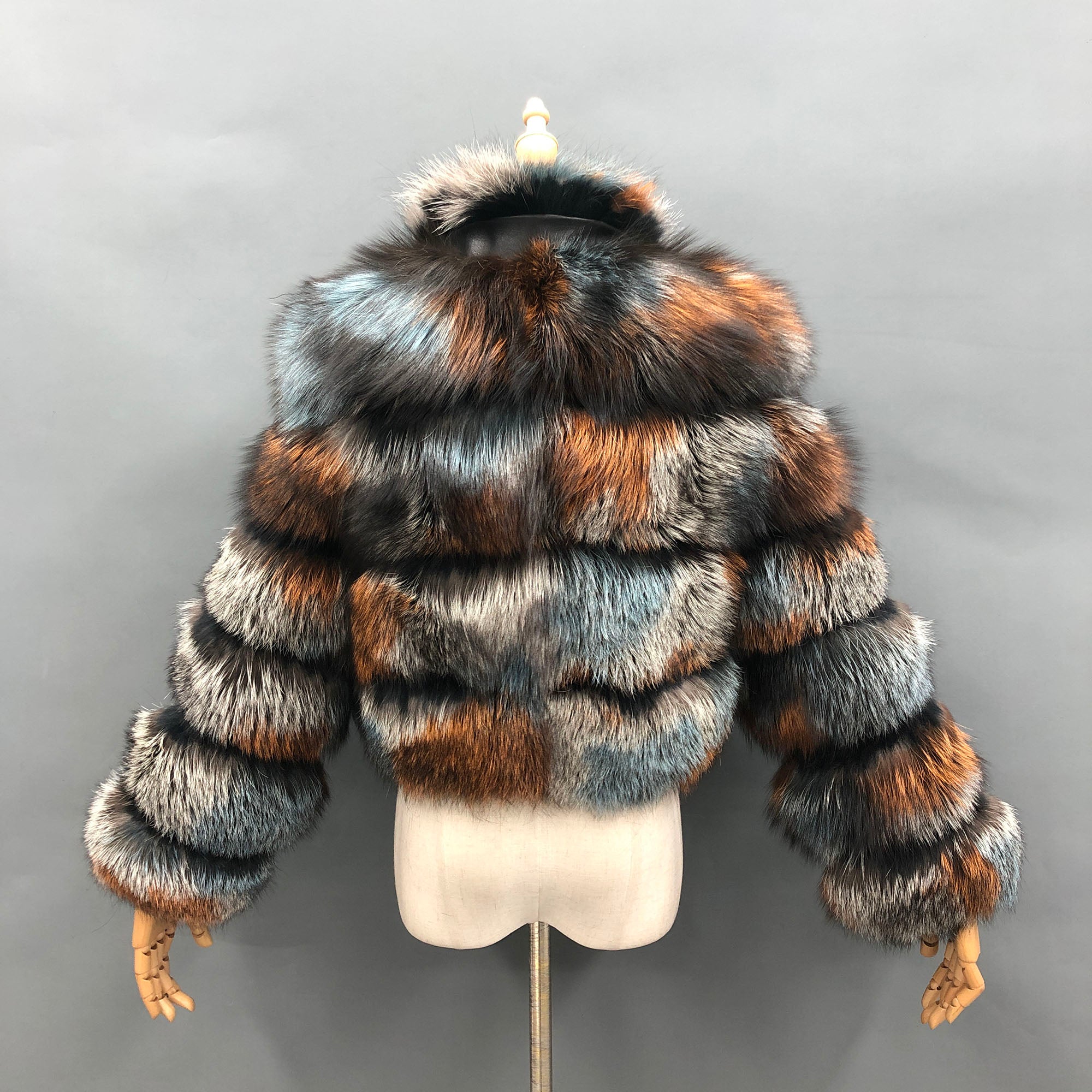 Women's Real Dyed Silver Fox Fur Stand Collar Cropped Jacket - Natural Tones Front