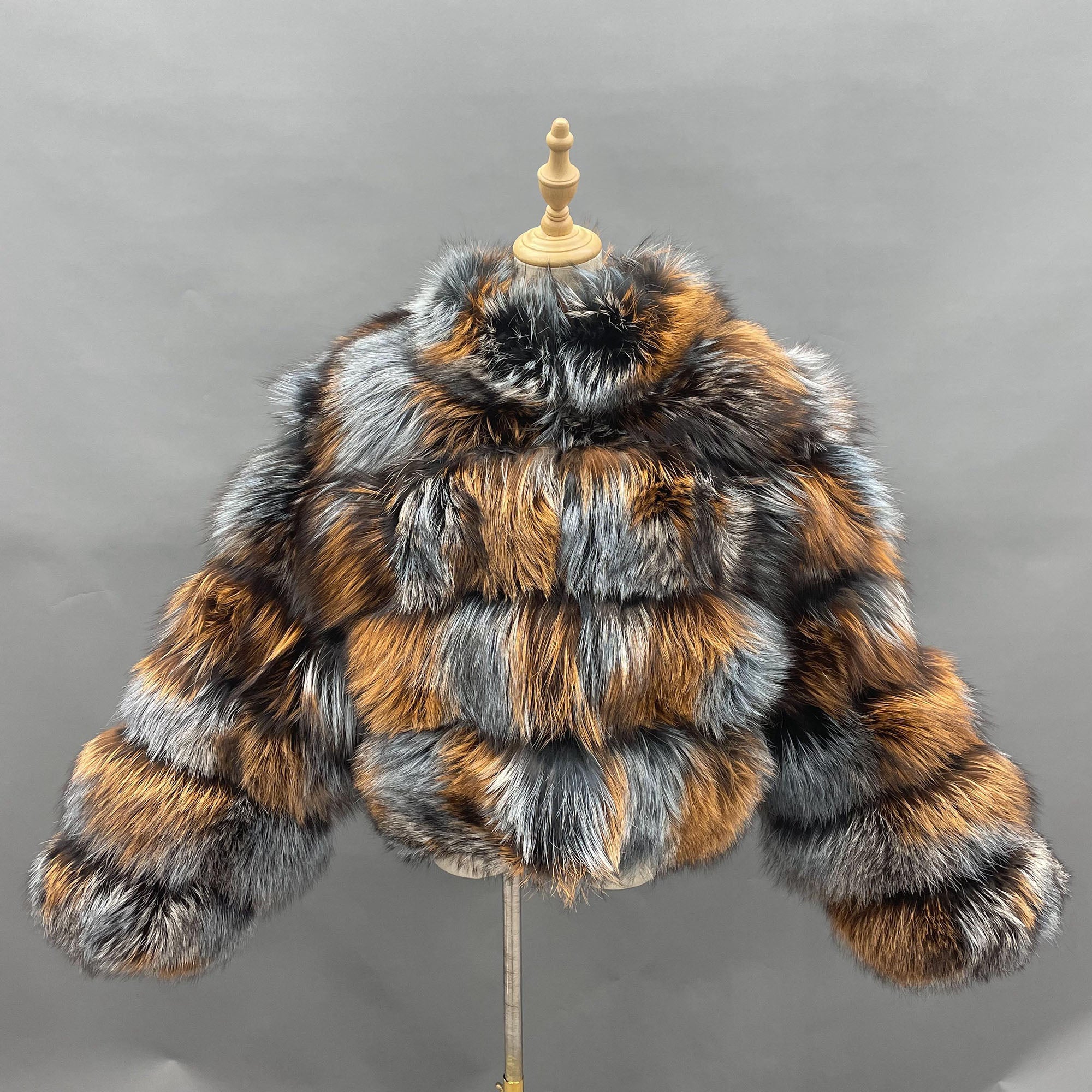 Women's Real Dyed Silver Fox Fur Stand Collar Cropped Jacket - Side View