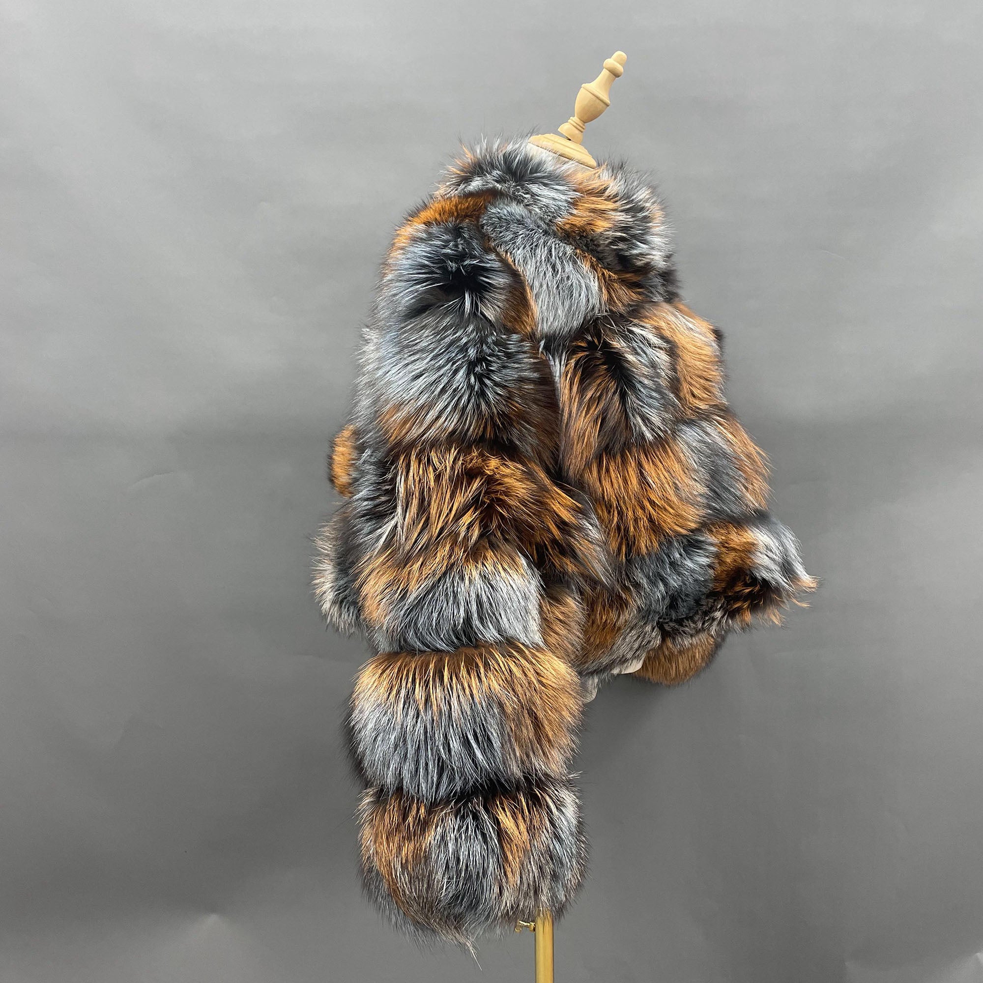 Women's Real Dyed Silver Fox Fur Stand Collar Cropped Jacket - Detail View