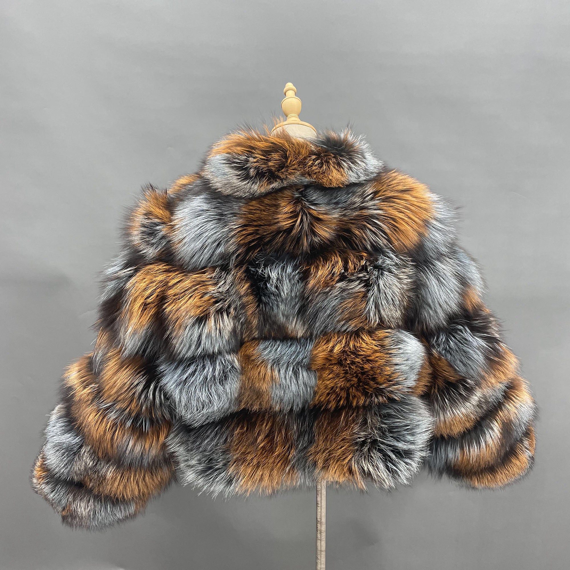 Women's Real Dyed Silver Fox Fur Stand Collar Cropped Jacket - Profile View