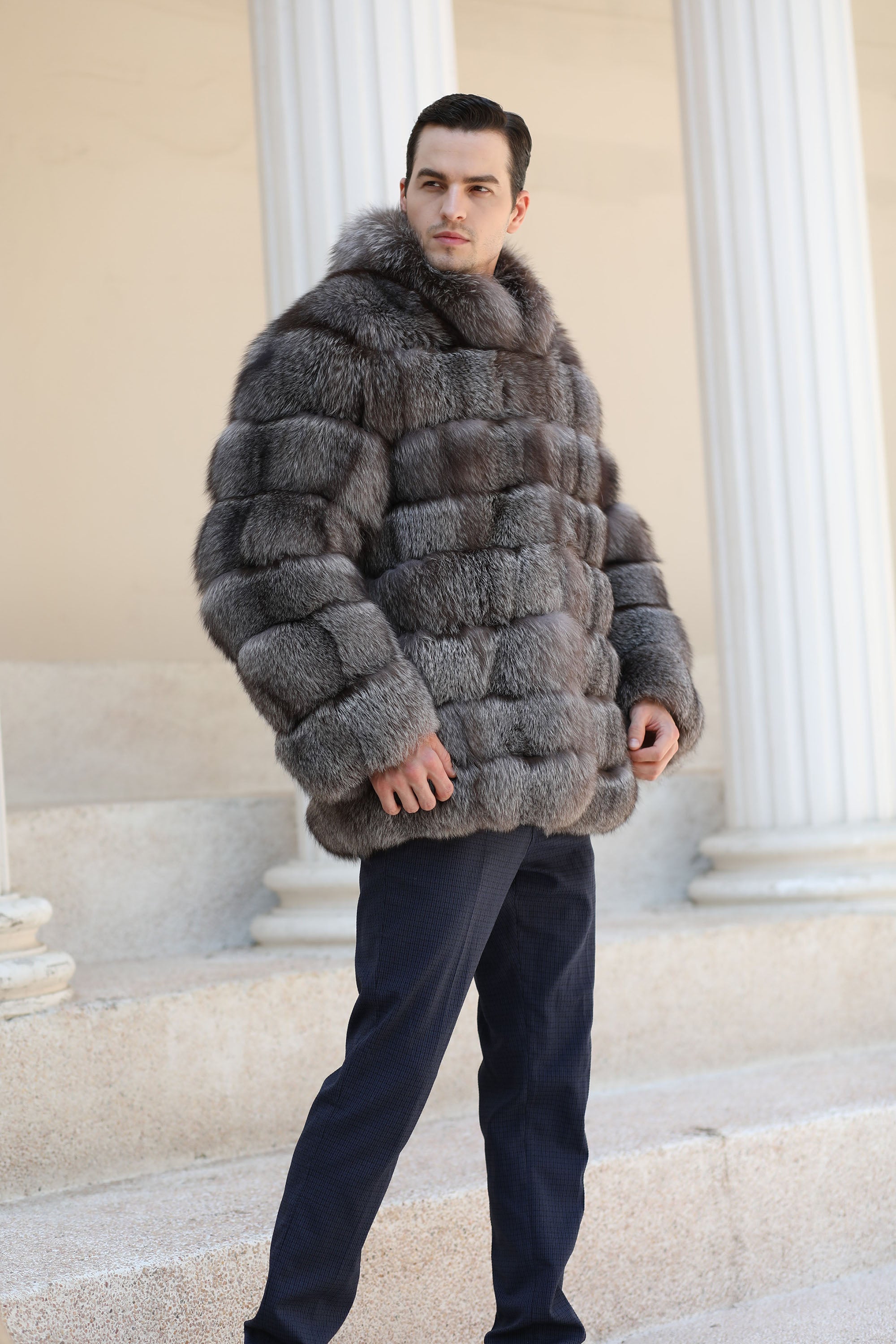 Men Real Fox Fur 8 Horizontal Stripe Stand Collar Luxury Fur Jacket