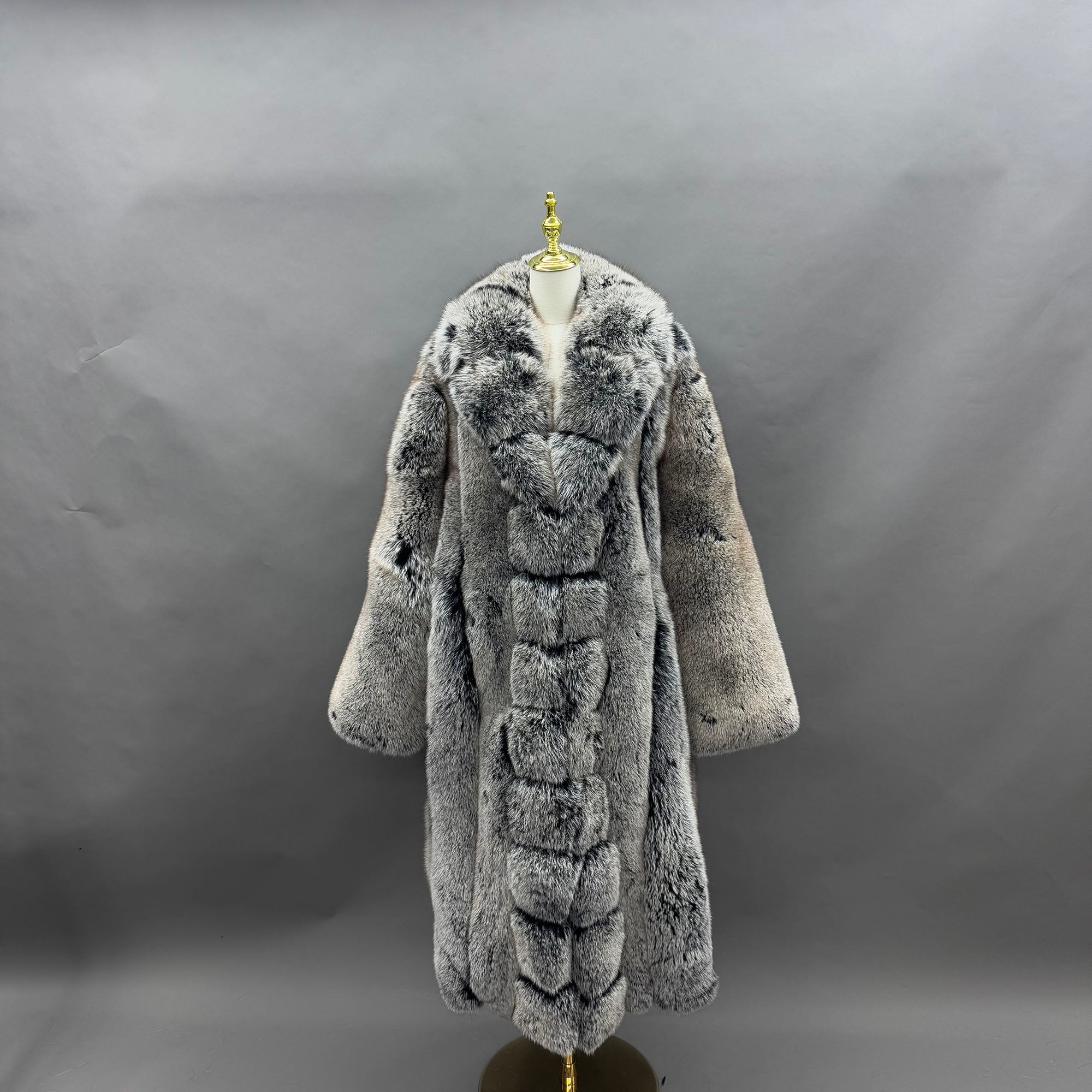 Women's Real Fox Fur Maxi Coat with Lapel Collar & Stacked Fur Placket