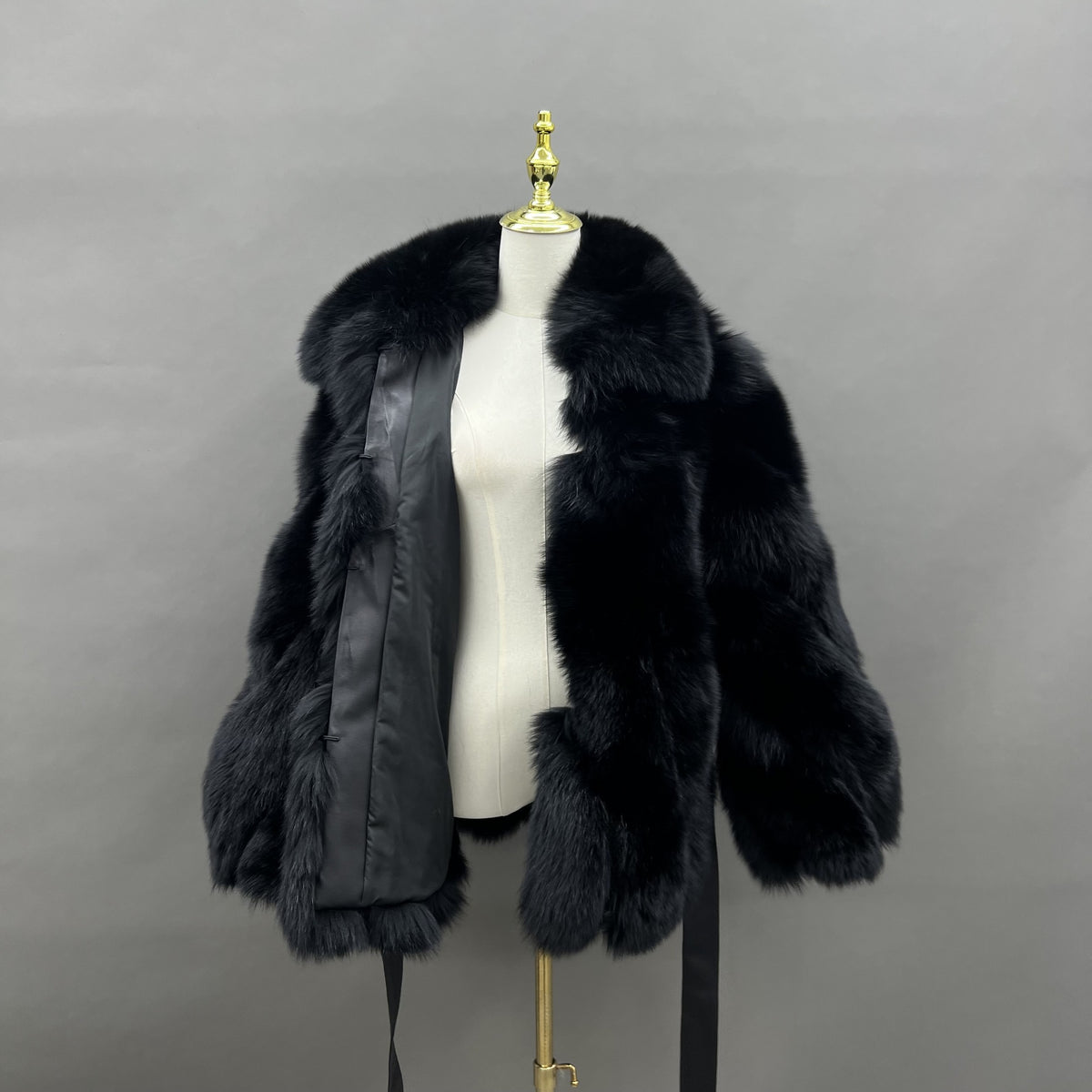 Women's Real Fox Fur Hip-Length Jacket with Turn-Down Collar & Bow Detail — Downtown Rhythm
