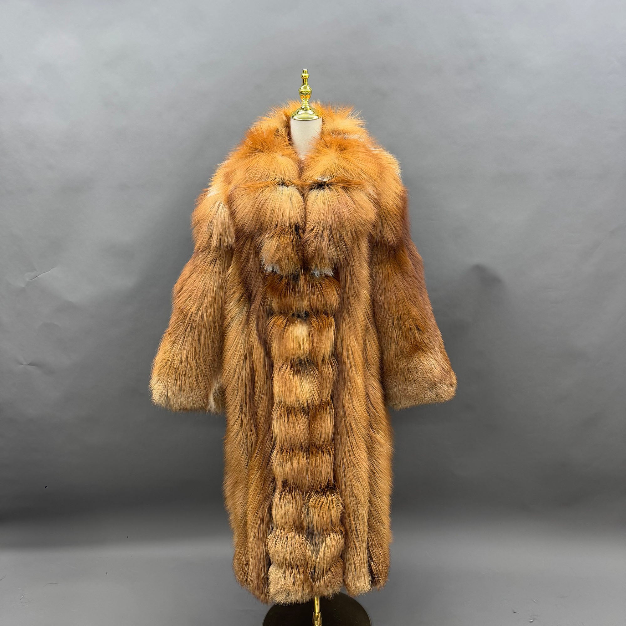 Women's Real Fox Fur Maxi Coat with Lapel Collar & Stacked Fur Placket