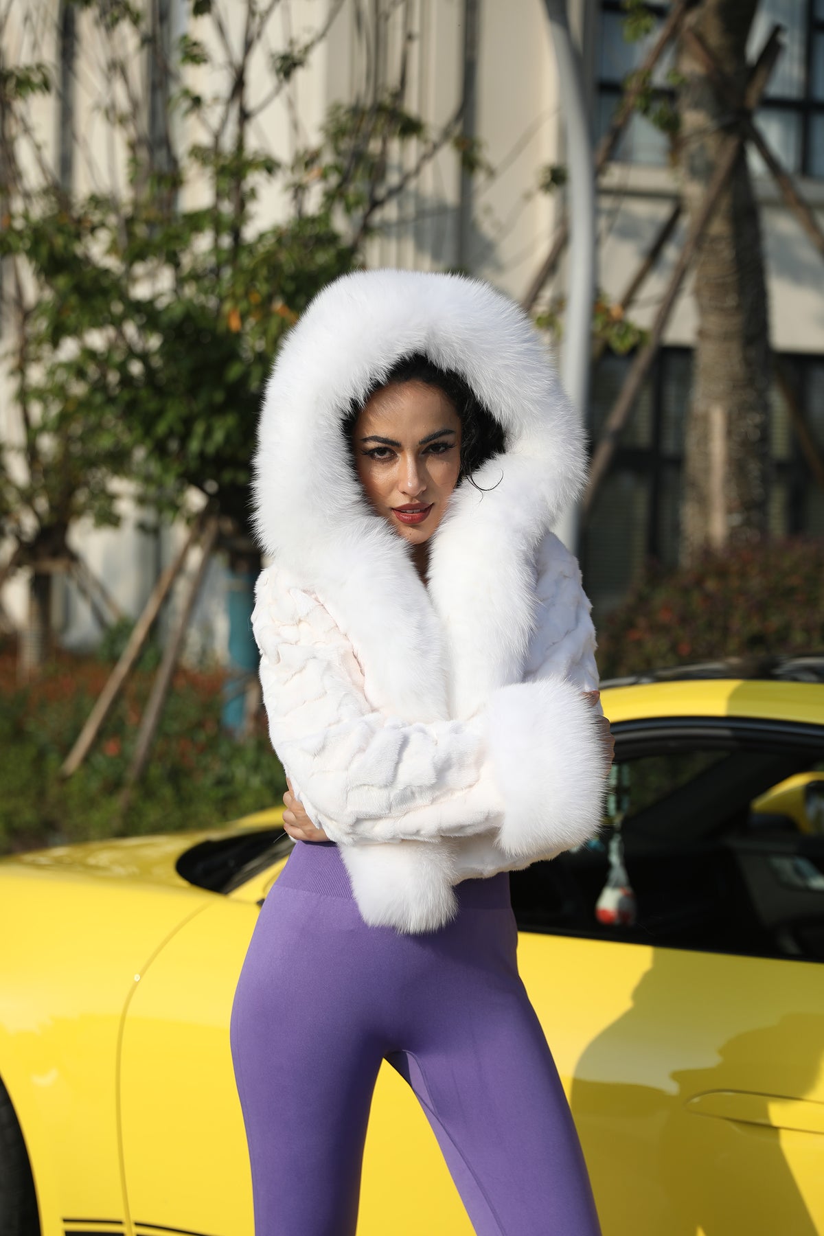 Women's Real Fox Fur Hooded Cropped Jacket | Ribbed Sleeves | Multiple Colors