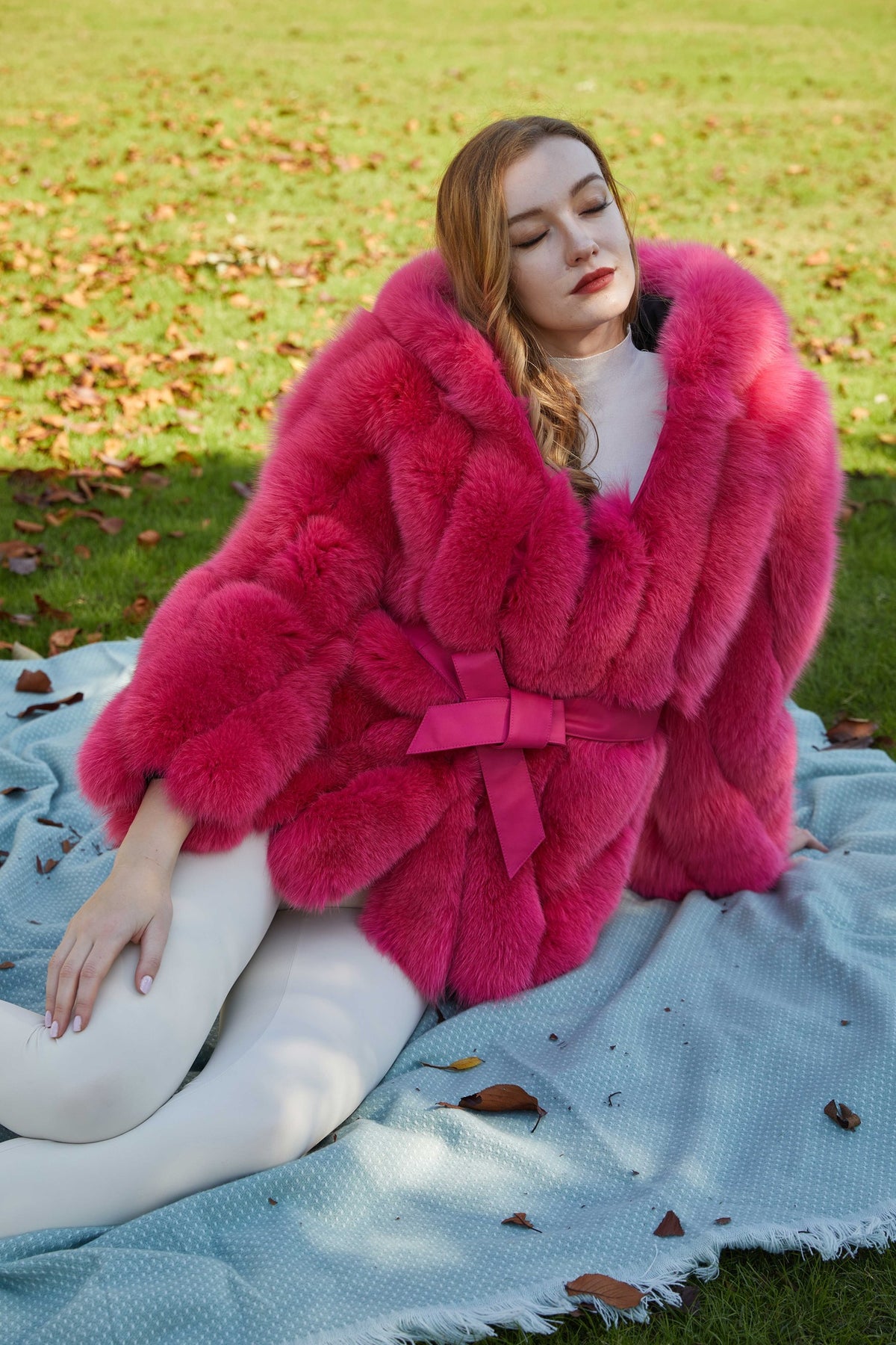 Women's Real Fox Fur Hip-Length Jacket with Oversized Hood & Bow Detail — Downtown Rhythm
