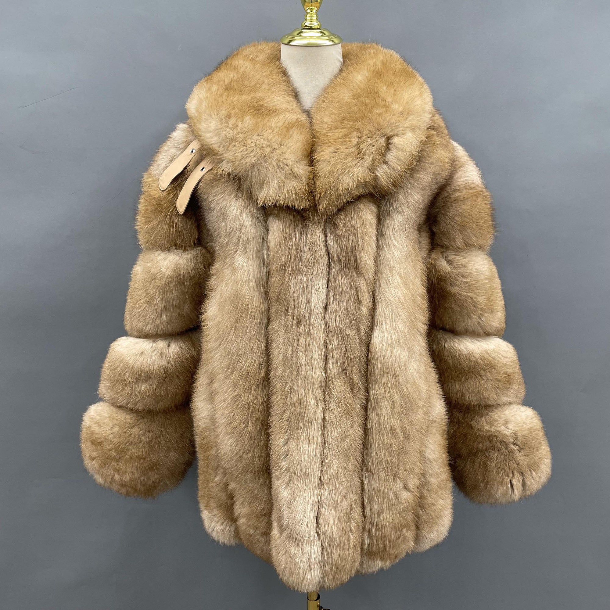 Women's Vertical-Stripe Fox Fur Oversized Coat with Banded Sleeves & Lapel Collar — Downtown Rhythm