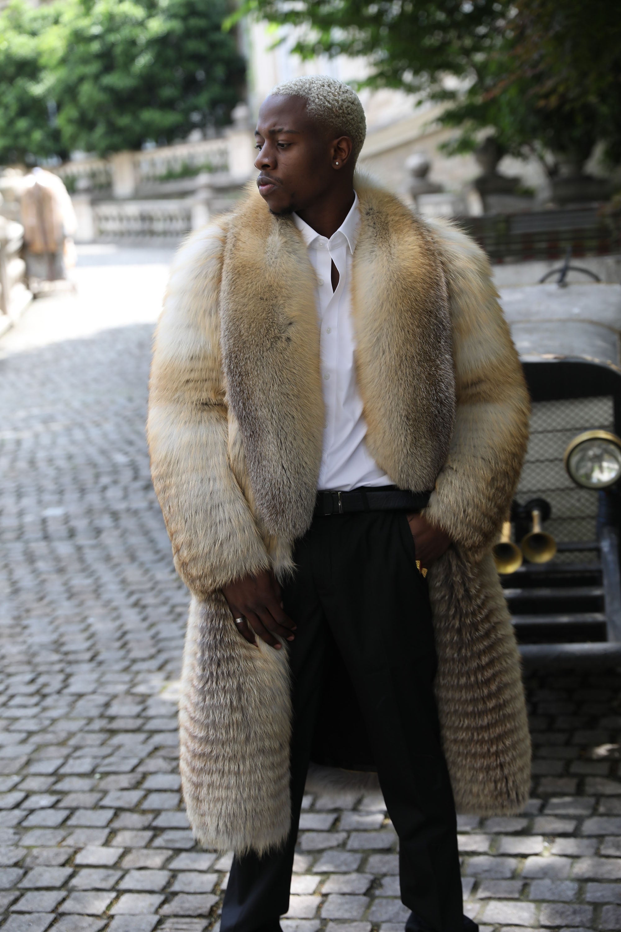 Men's Golden Island Fox Fur Long Coat - Front View