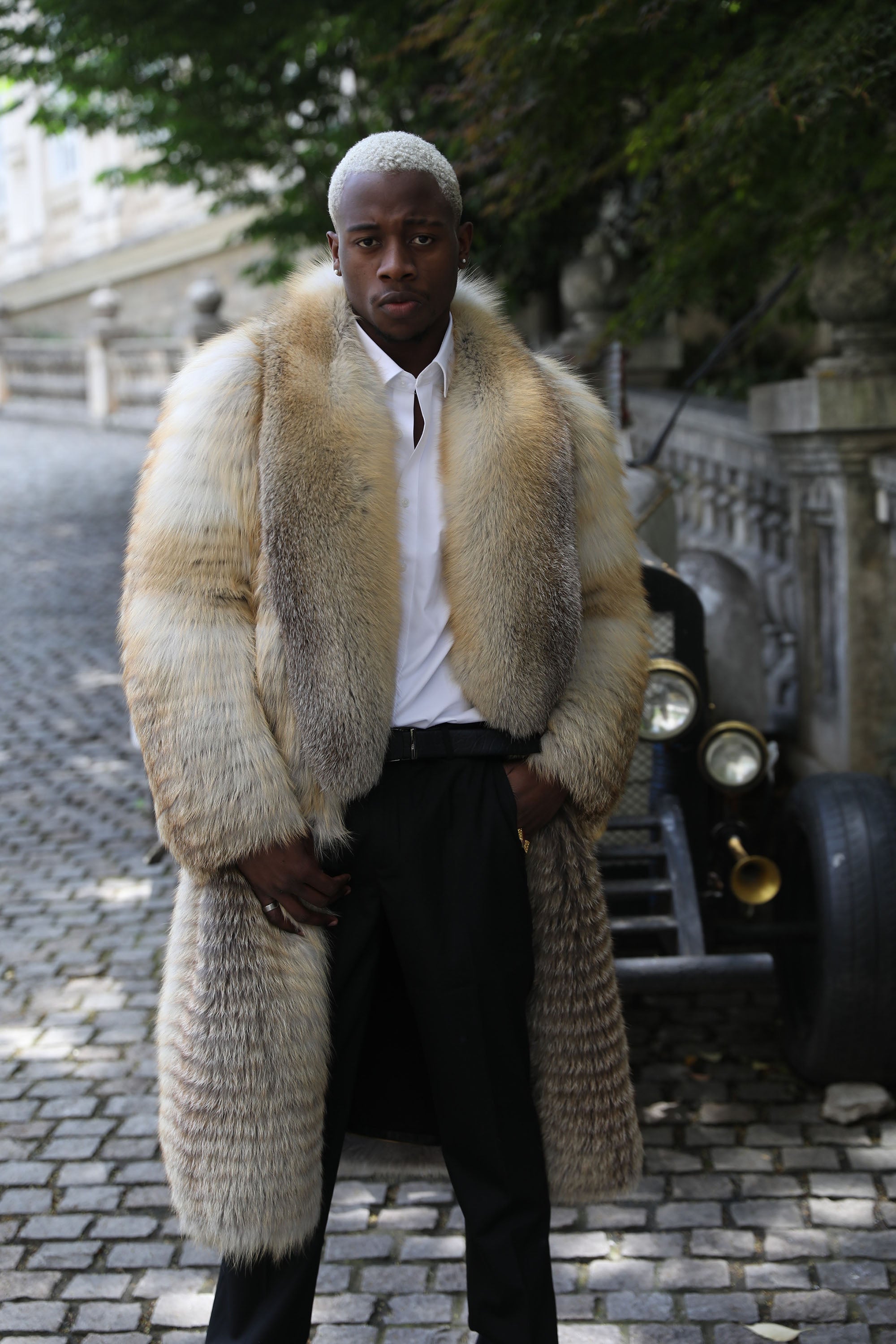Men's Golden Island Fox Fur Long Coat - Front View Standing