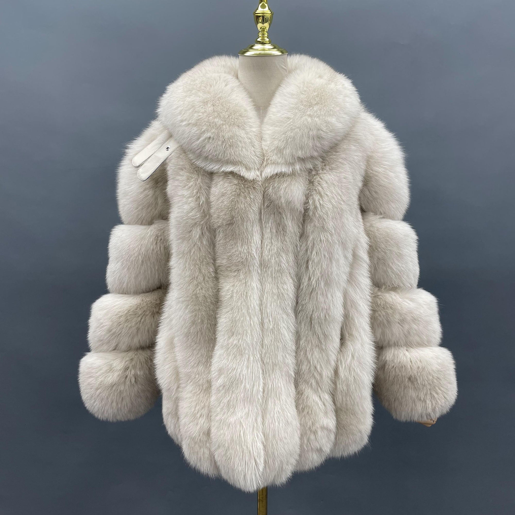 Women's Vertical-Stripe Fox Fur Oversized Coat with Banded Sleeves & Lapel Collar — Downtown Rhythm