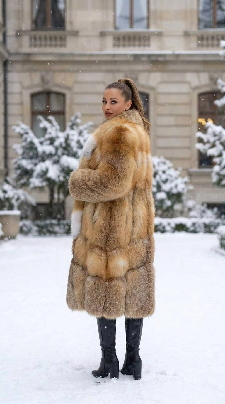 Women's Real Fox Fur Long Coat | Golden Island, Arctic Marble & Blue Fox