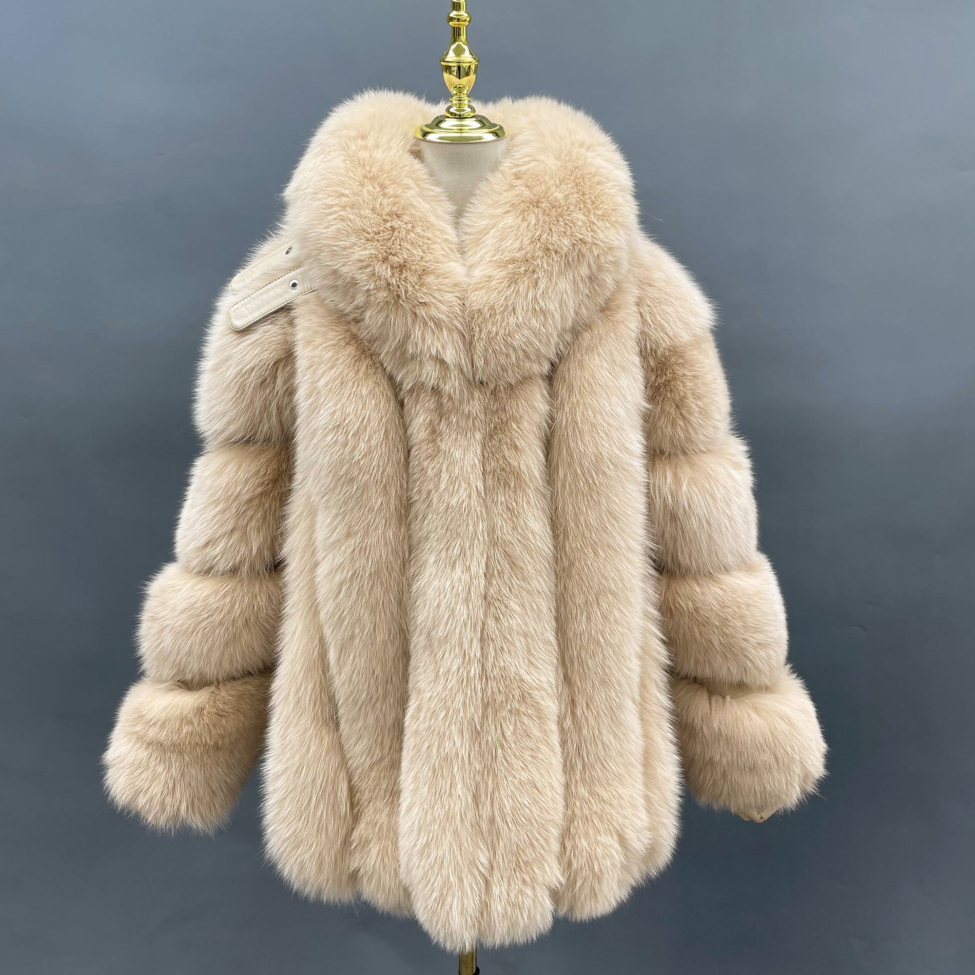 Women's Vertical-Stripe Fox Fur Oversized Coat with Banded Sleeves & Lapel Collar — Downtown Rhythm