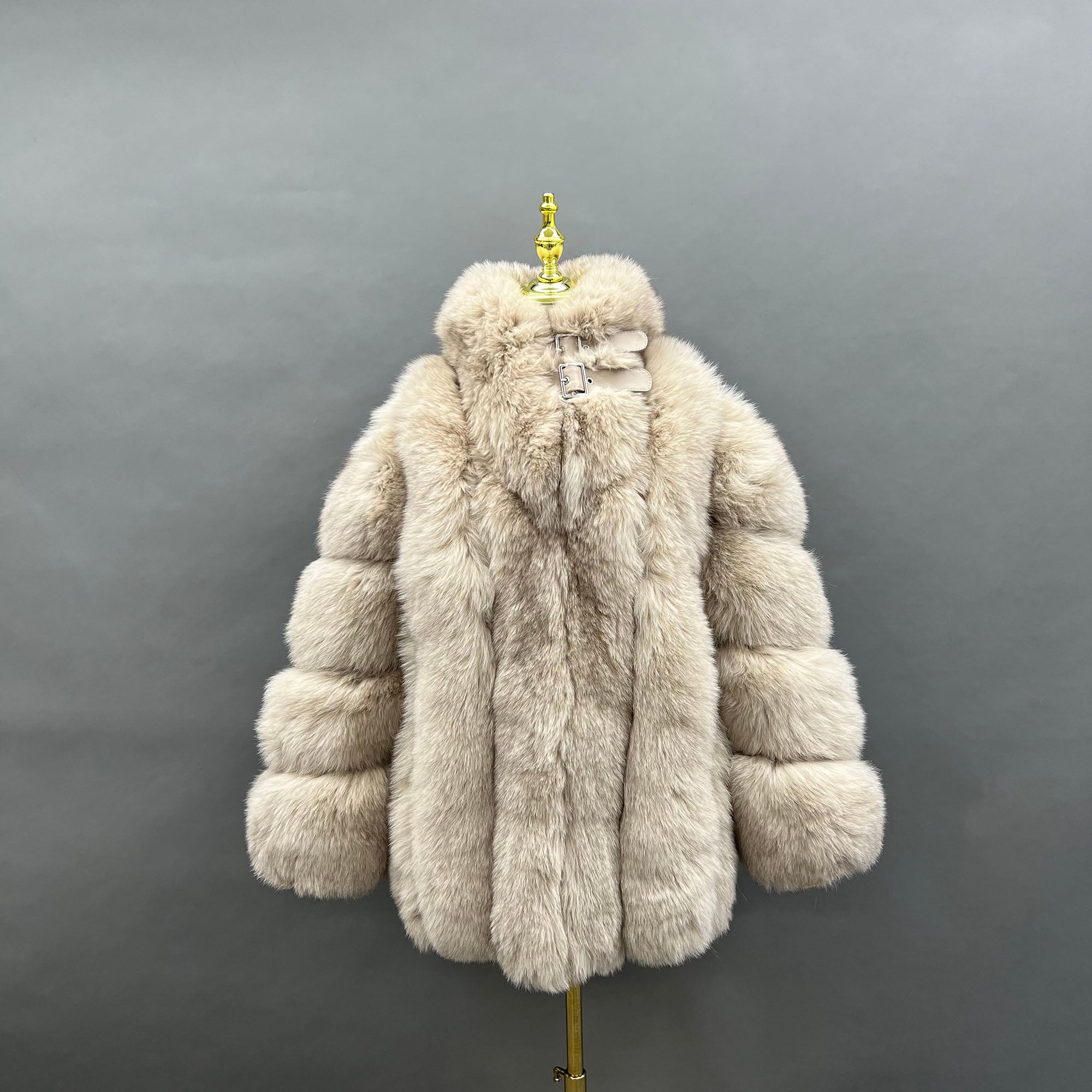 Women's Vertical-Stripe Fox Fur Oversized Coat with Banded Sleeves & Lapel Collar — Downtown Rhythm