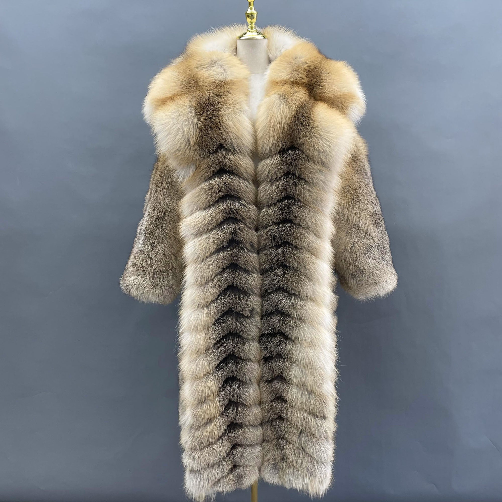 Women's Golden Island Fox Fur Long Coat - front view on mannequin