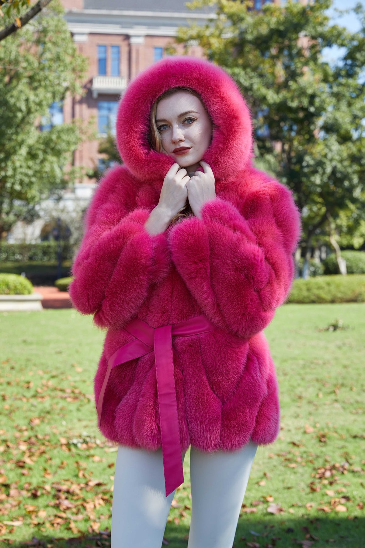 Women's Real Fox Fur Hip-Length Jacket with Oversized Hood & Bow Detail — Downtown Rhythm
