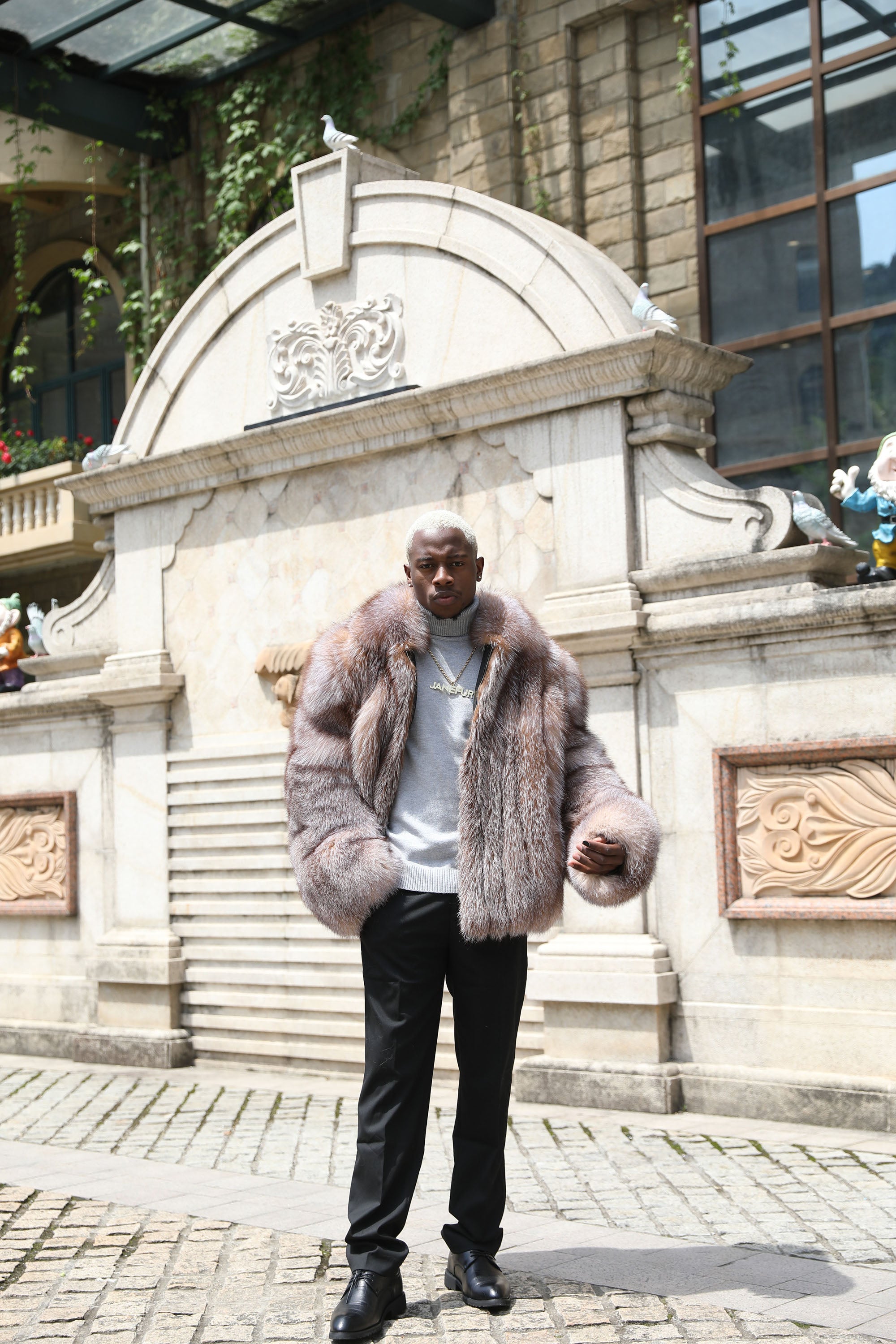 Men's Real Fox Fur Coat | Luxury Short Jacket | Silver, Crystal, Cross, Shadow & Blue Fox