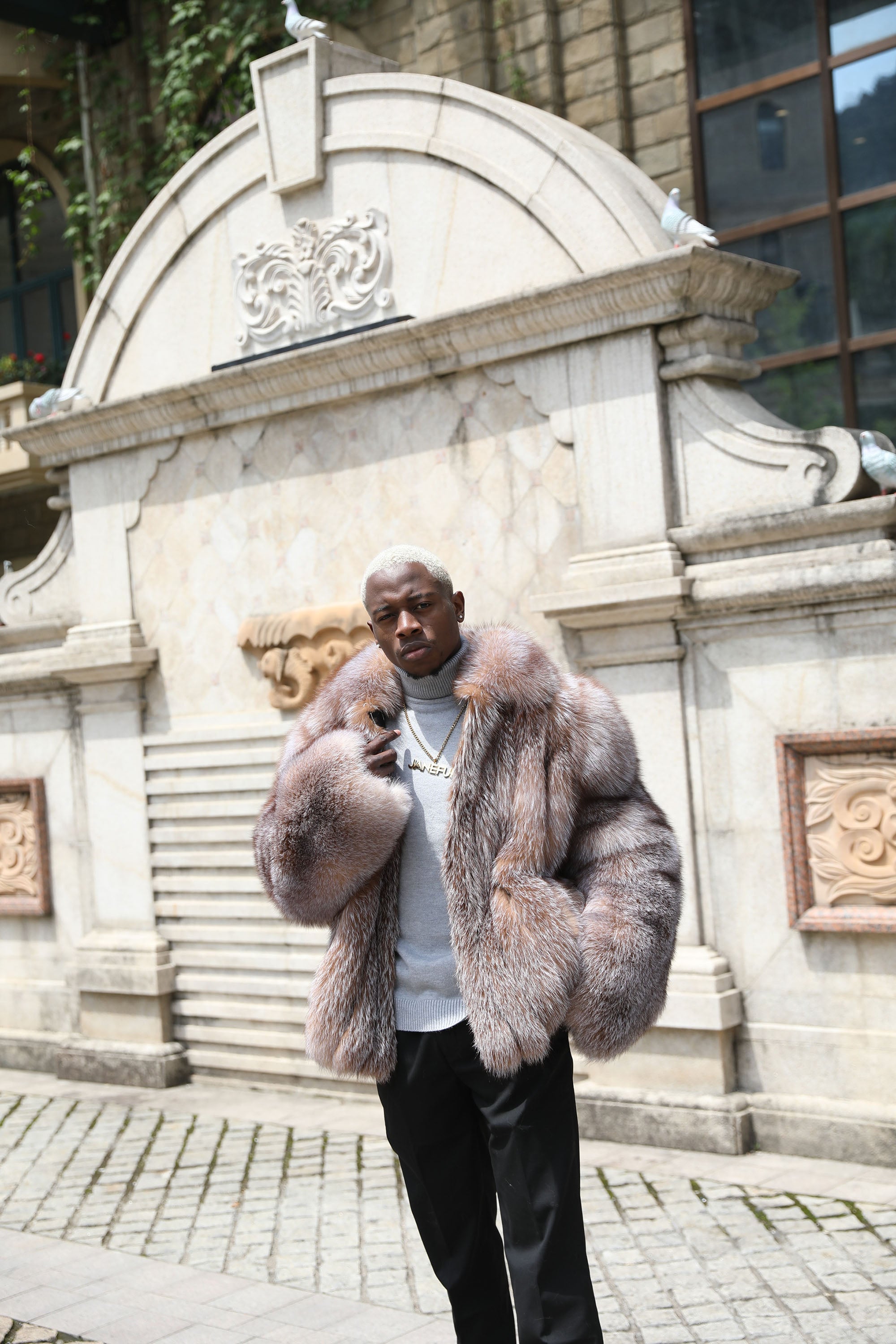 Men's Real Fox Fur Coat | Luxury Short Jacket | Silver, Crystal, Cross, Shadow & Blue Fox