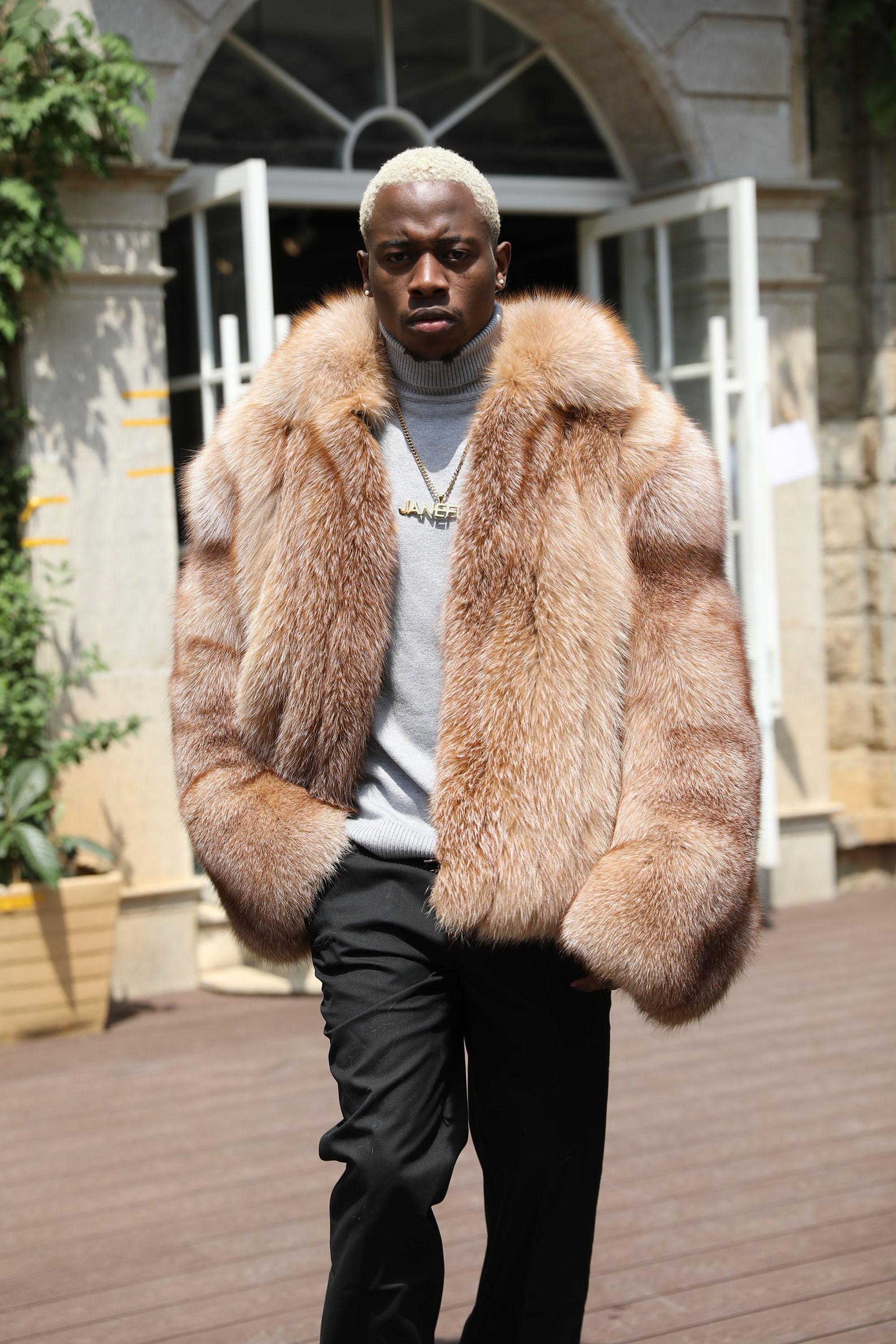 Men's Real Fox Fur Coat | Luxury Short Jacket | Silver, Crystal, Cross, Shadow & Blue Fox