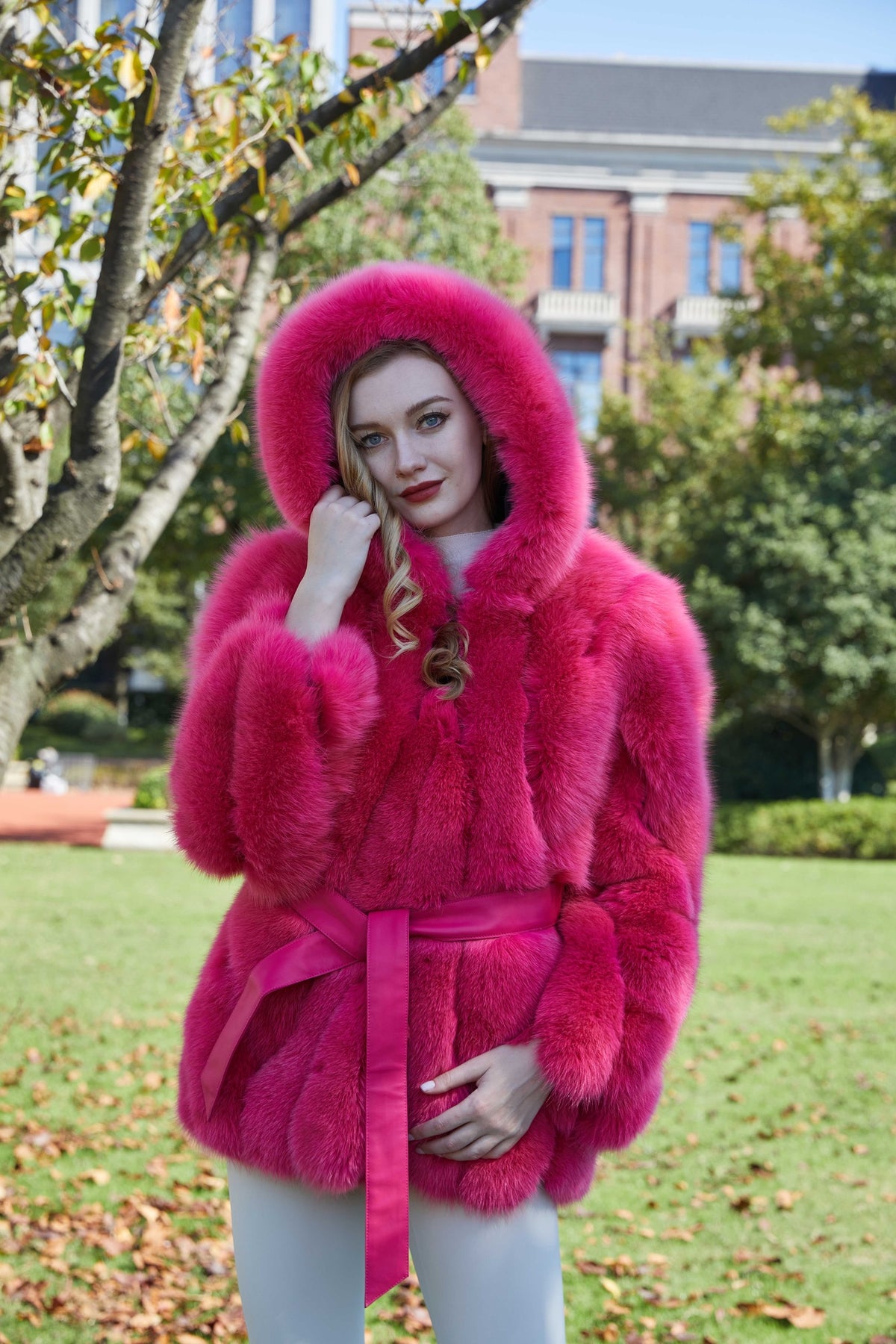 Women's Real Fox Fur Hip-Length Jacket with Oversized Hood & Bow Detail — Downtown Rhythm