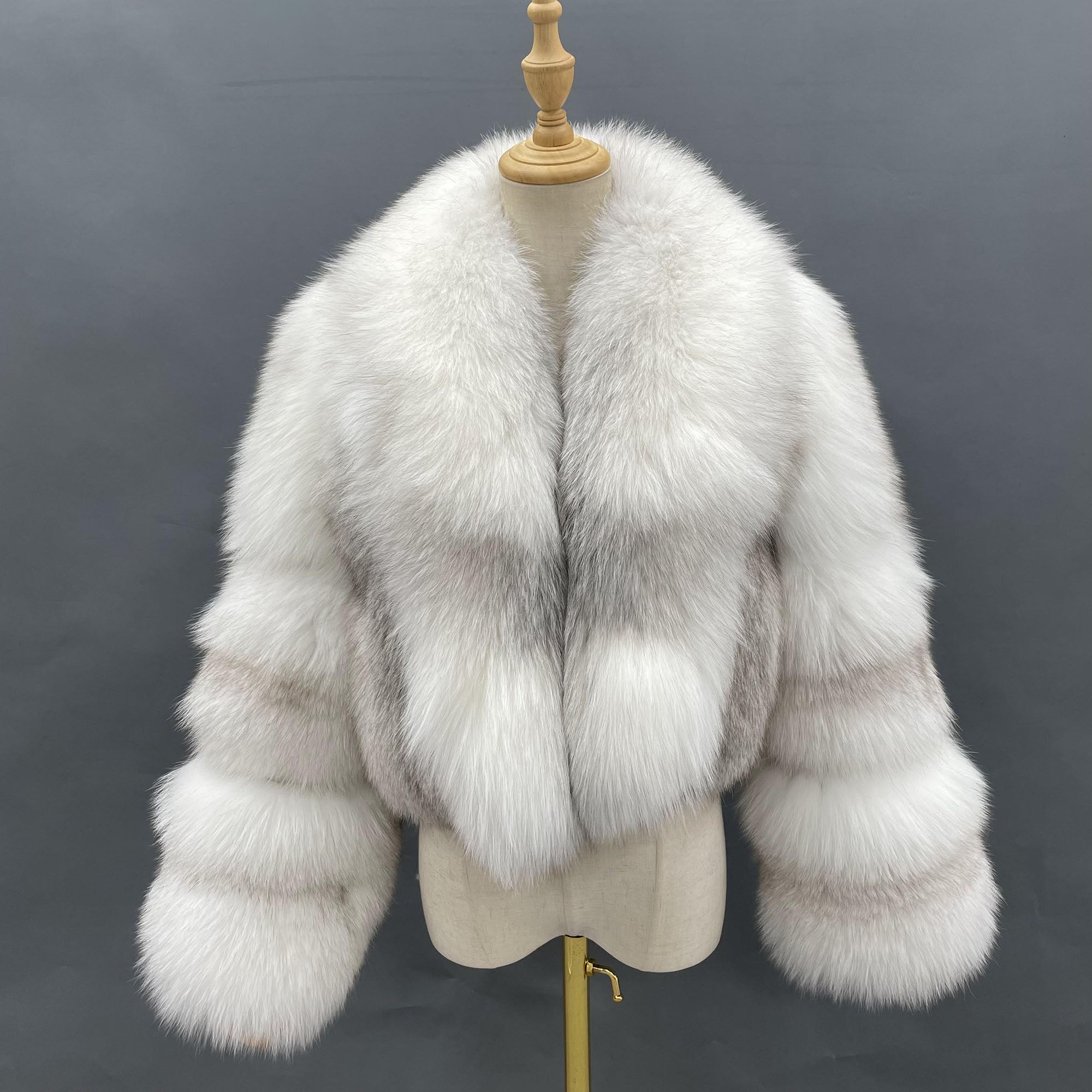 Women's Luxury Real Fox Fur Cropped Jacket - Arctic Marble Fox front view on mannequin