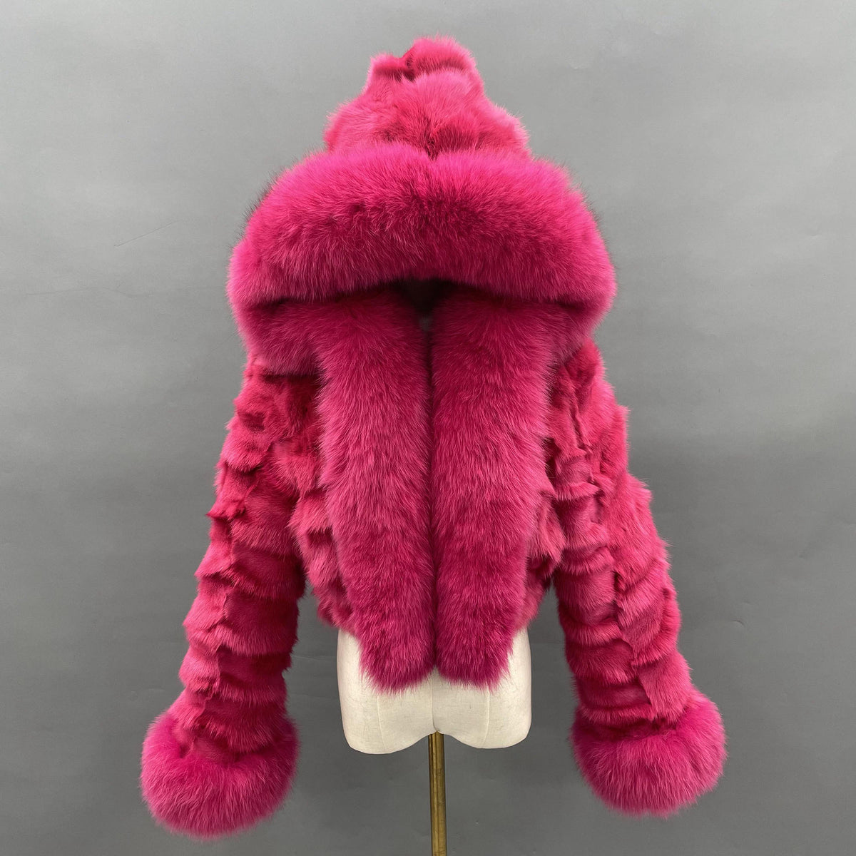 Navy blue real fox fur hooded cropped jacket with ribbed sleeves