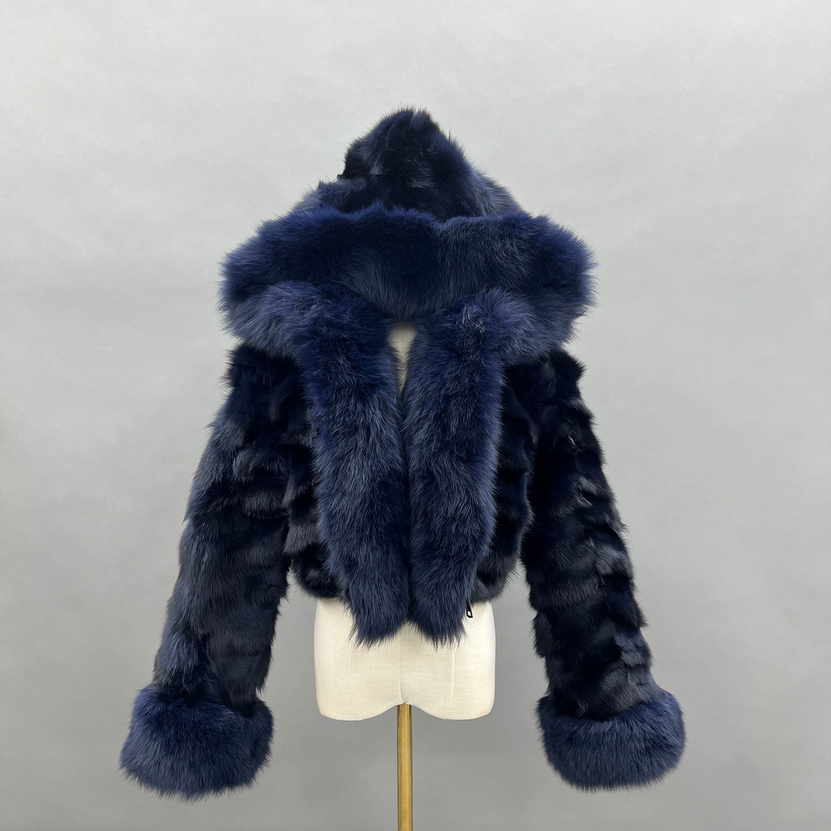 Navy blue real fox fur hooded cropped jacket front view