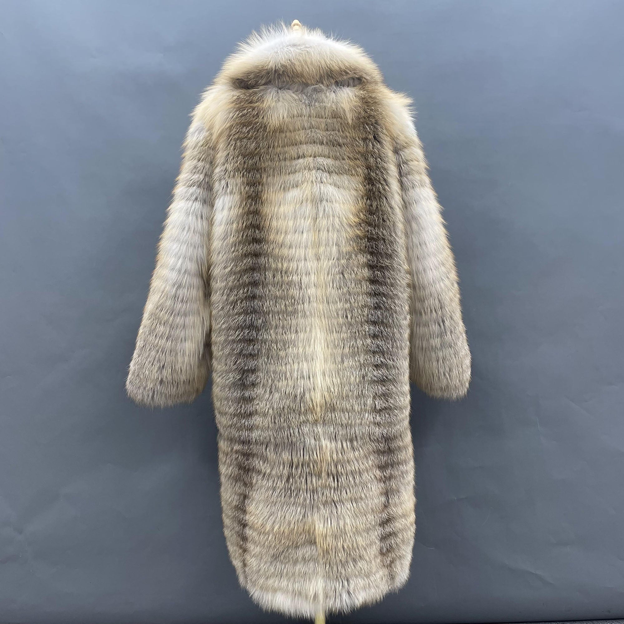 Women's Golden Island Fox Fur Long Coat - Model Back View