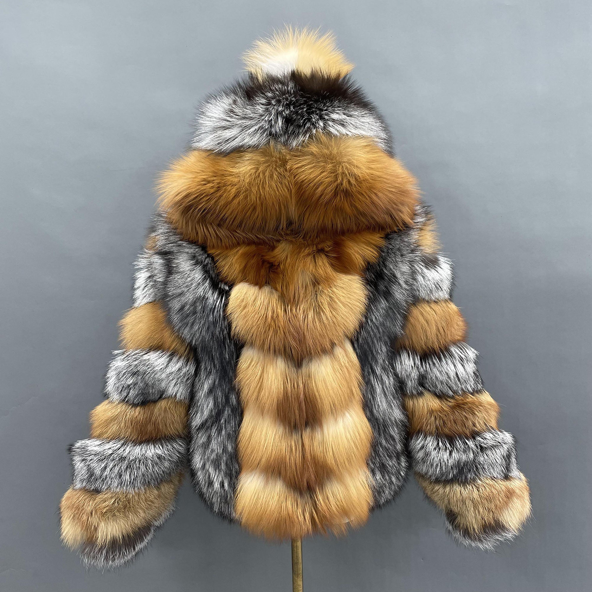 Women's Real Silver Fox and Red Fox Fur Hooded Jacket - Two-Tone Luxury Coat front view