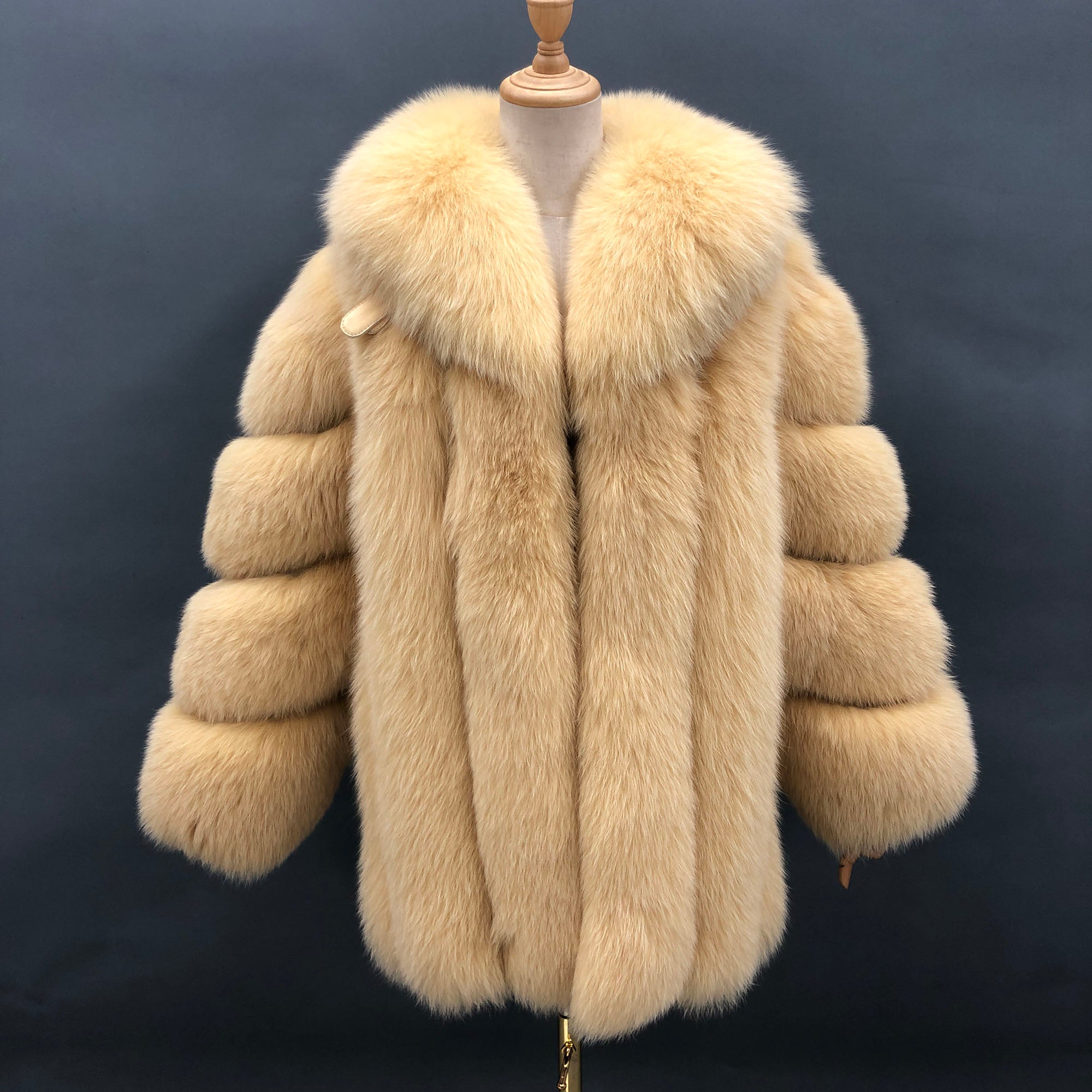 Women's Vertical-Stripe Fox Fur Oversized Coat with Banded Sleeves & Lapel Collar — Downtown Rhythm
