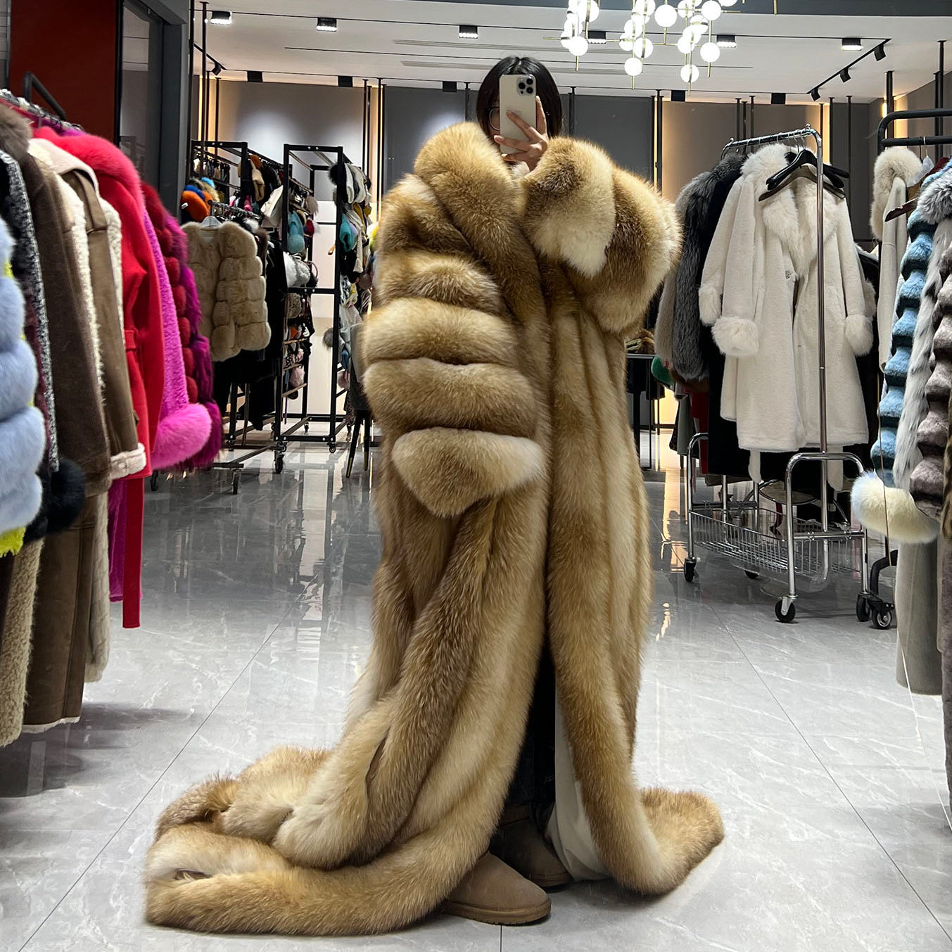Women's Floor-Length Fox Fur Maxi Coat with Oversized Lapel — The Gala Edit × Front Row Couture