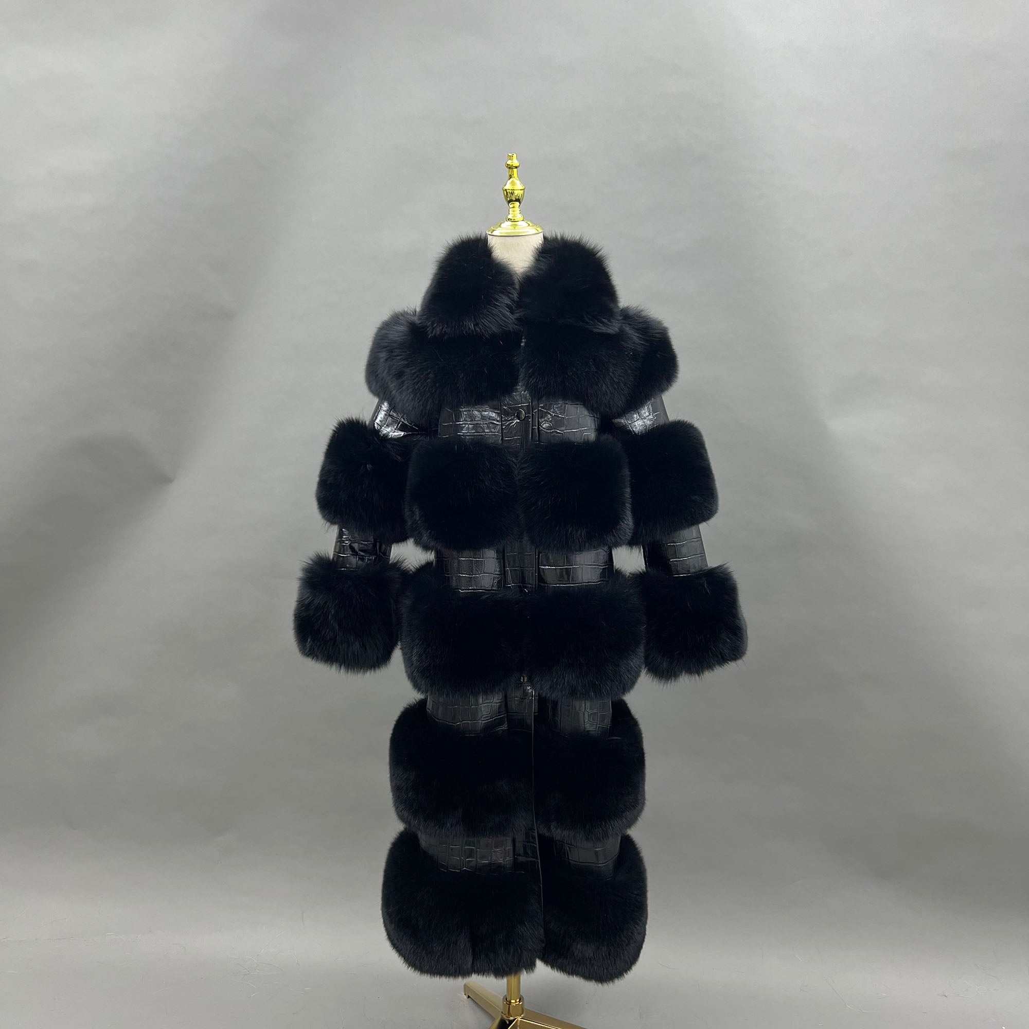 Women's fox fur crocodile leather full-length coat — front view on mannequin