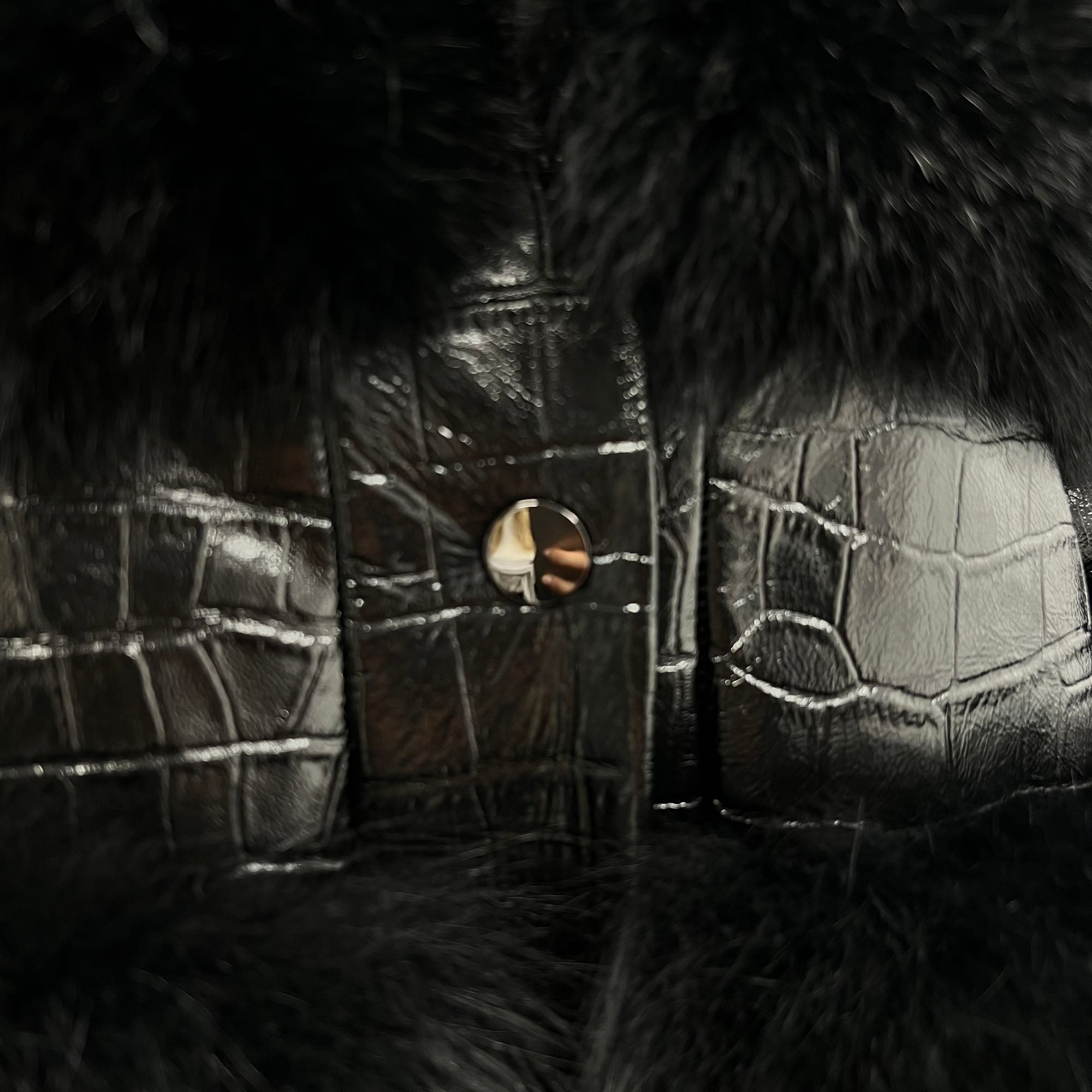 Fox fur leather coat — crocodile embossed leather detail close-up