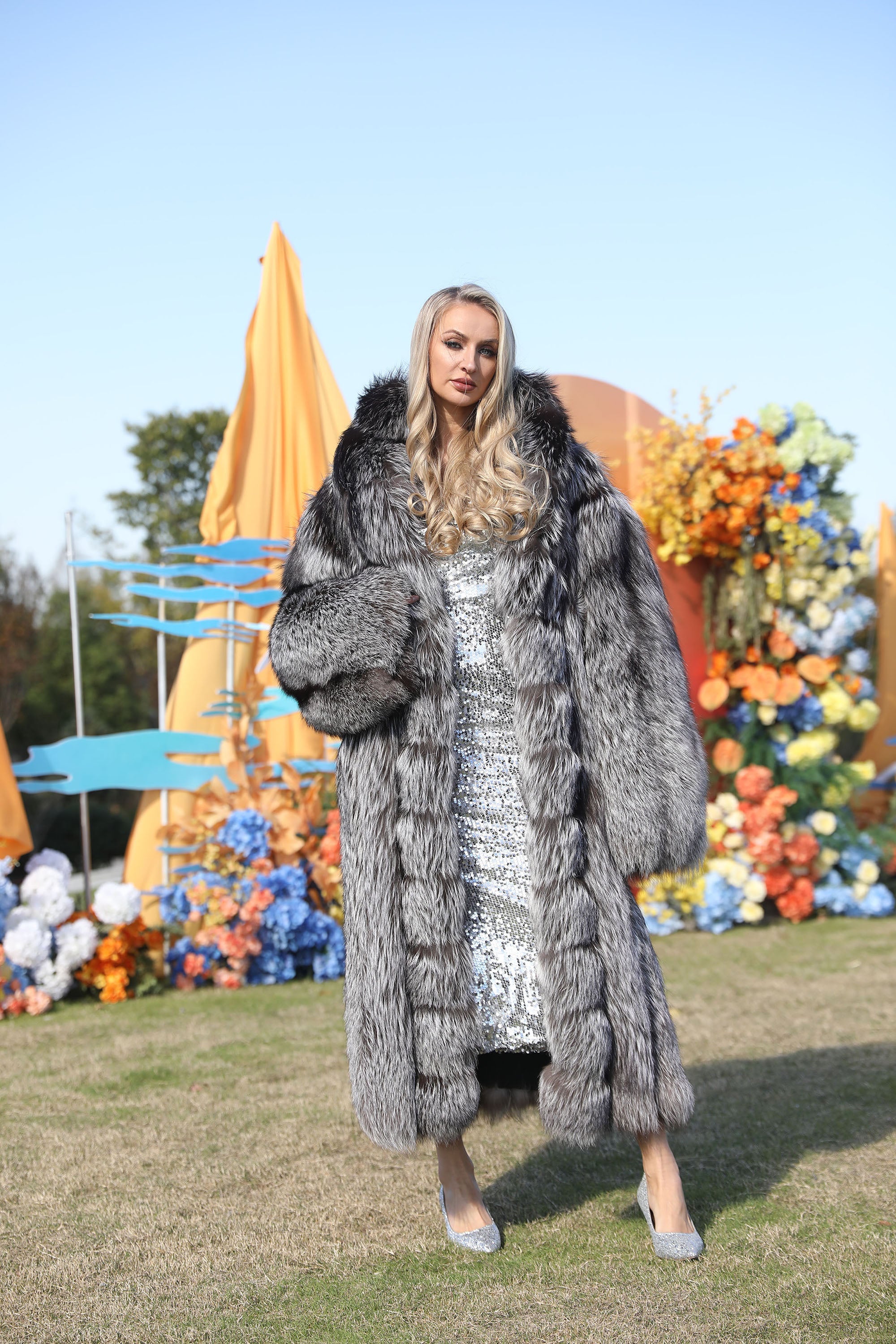 Women's Real Fox Fur Maxi Coat with Lapel Collar & Stacked Fur Placket