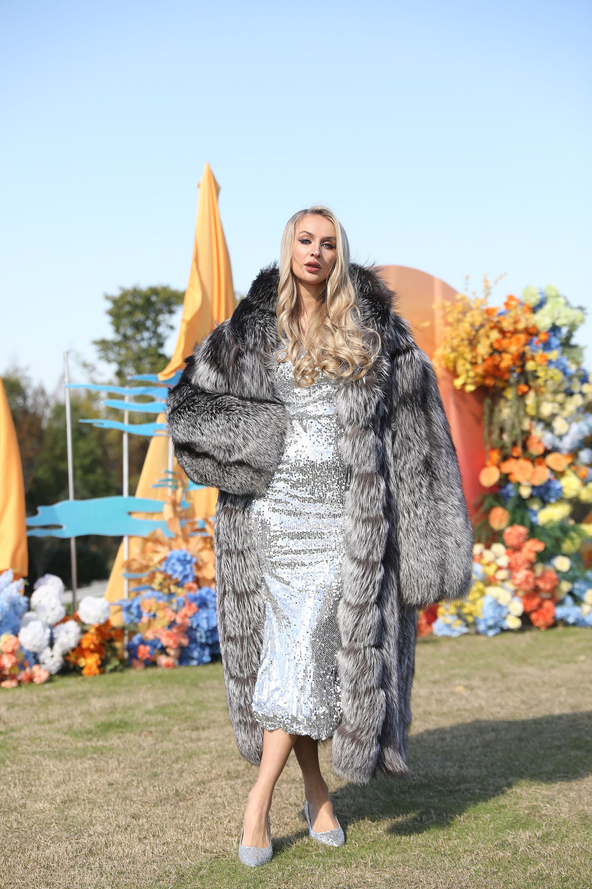 Women's Real Fox Fur Maxi Coat with Lapel Collar & Stacked Fur Placket