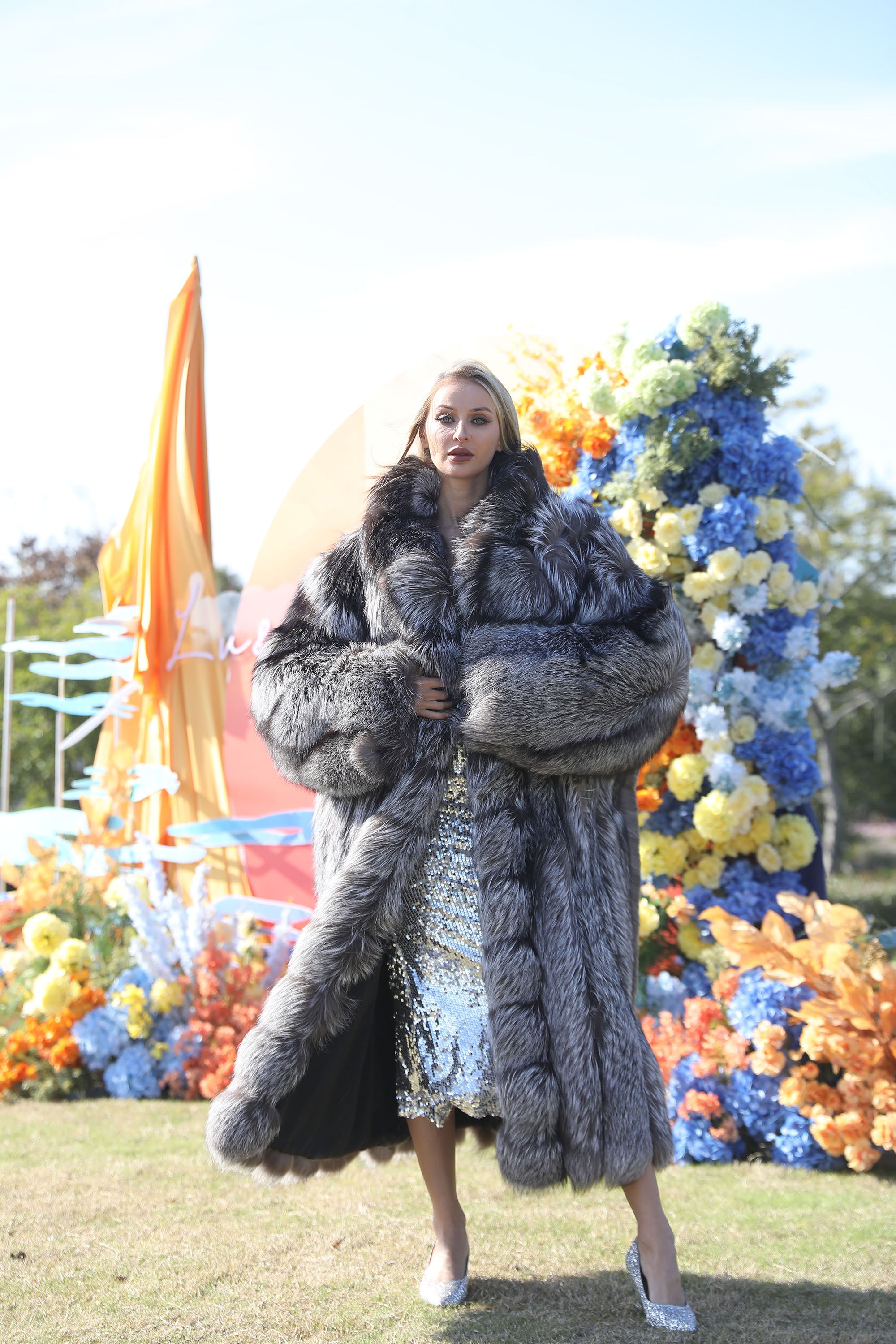 Women's Real Fox Fur Maxi Coat with Lapel Collar & Stacked Fur Placket
