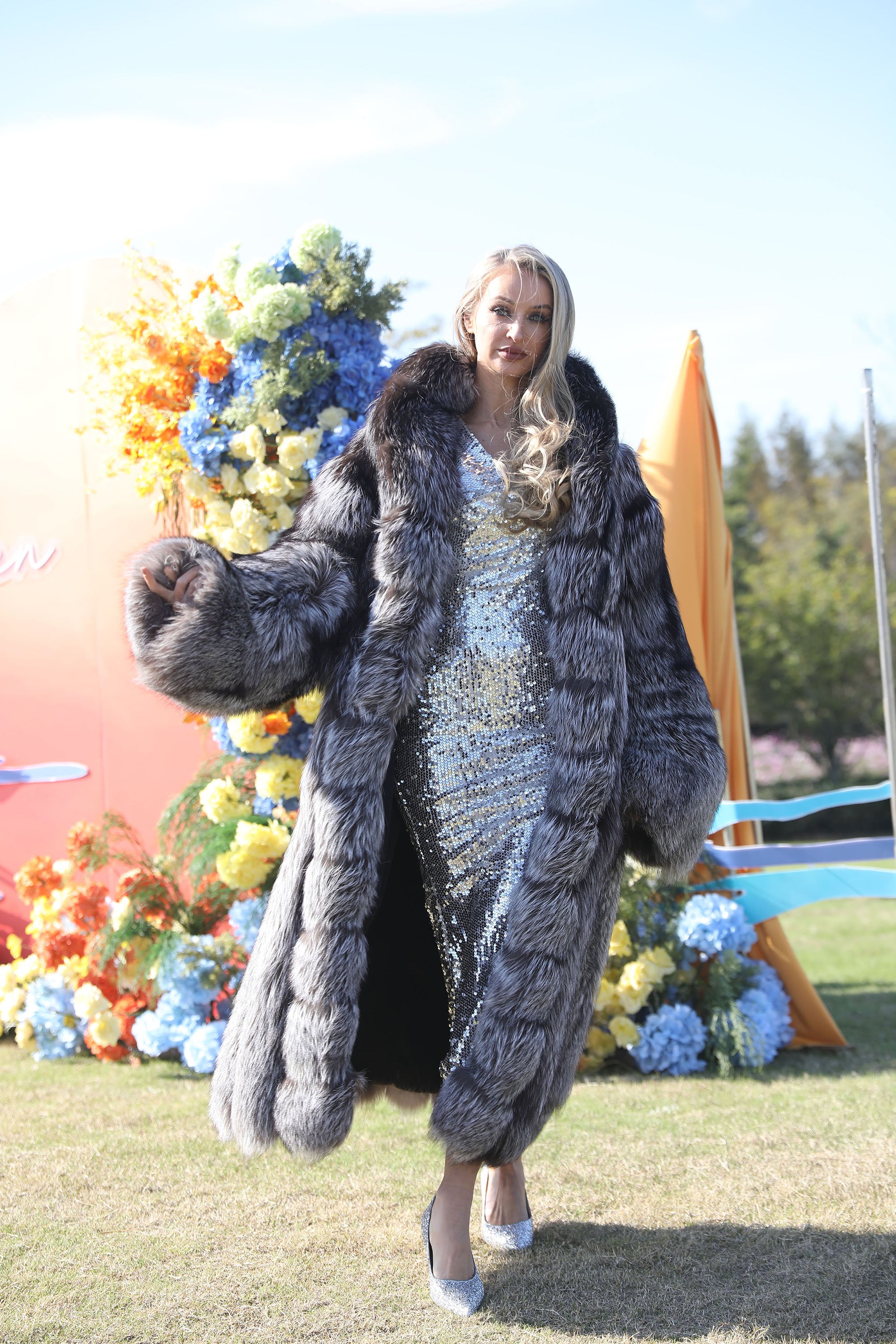 Women's Real Fox Fur Maxi Coat with Lapel Collar & Stacked Fur Placket