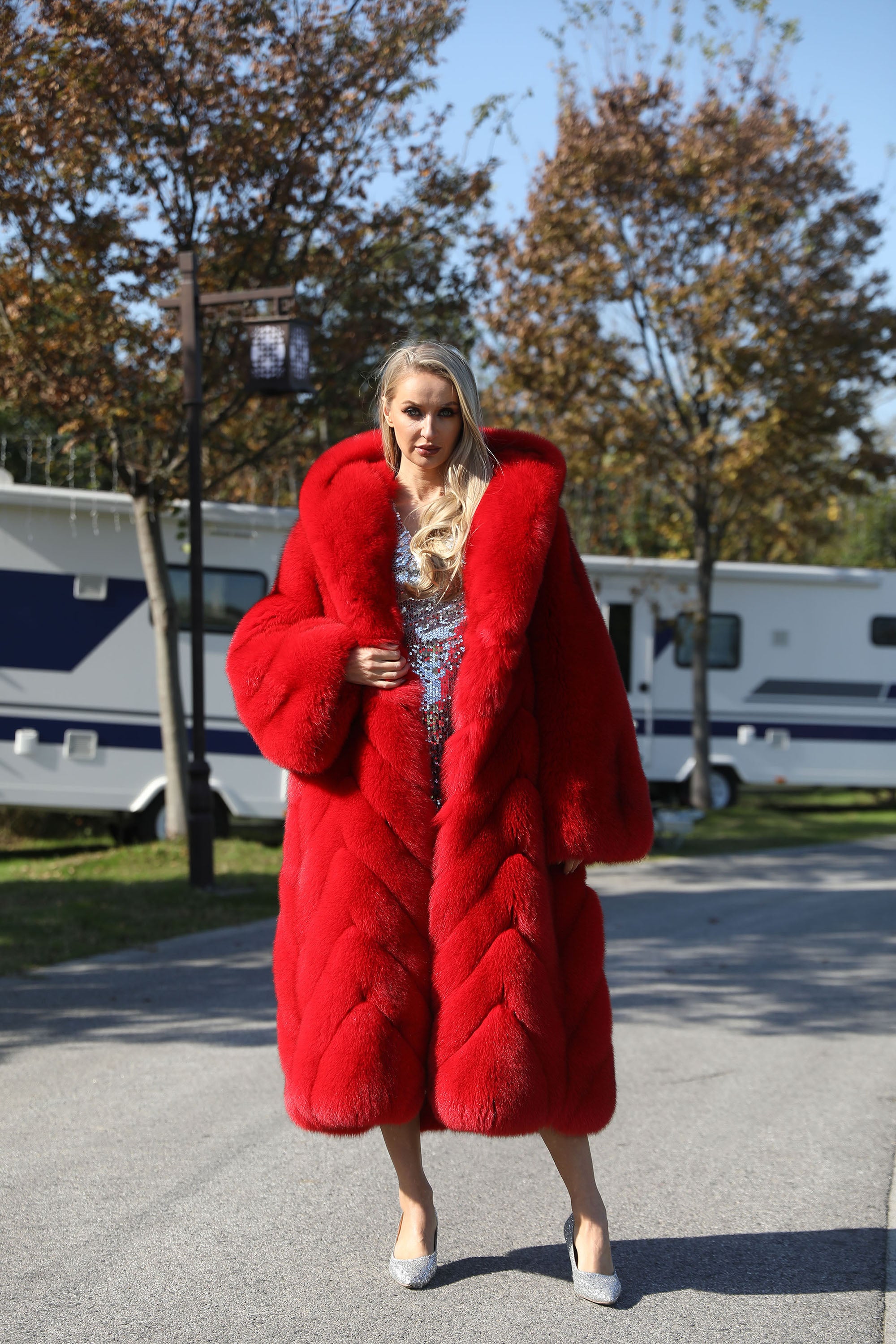 Women's Real Fox Fur Long Coat with Oversized Hood, Diagonal Stripe Panels & Full-Pelt Sleeves