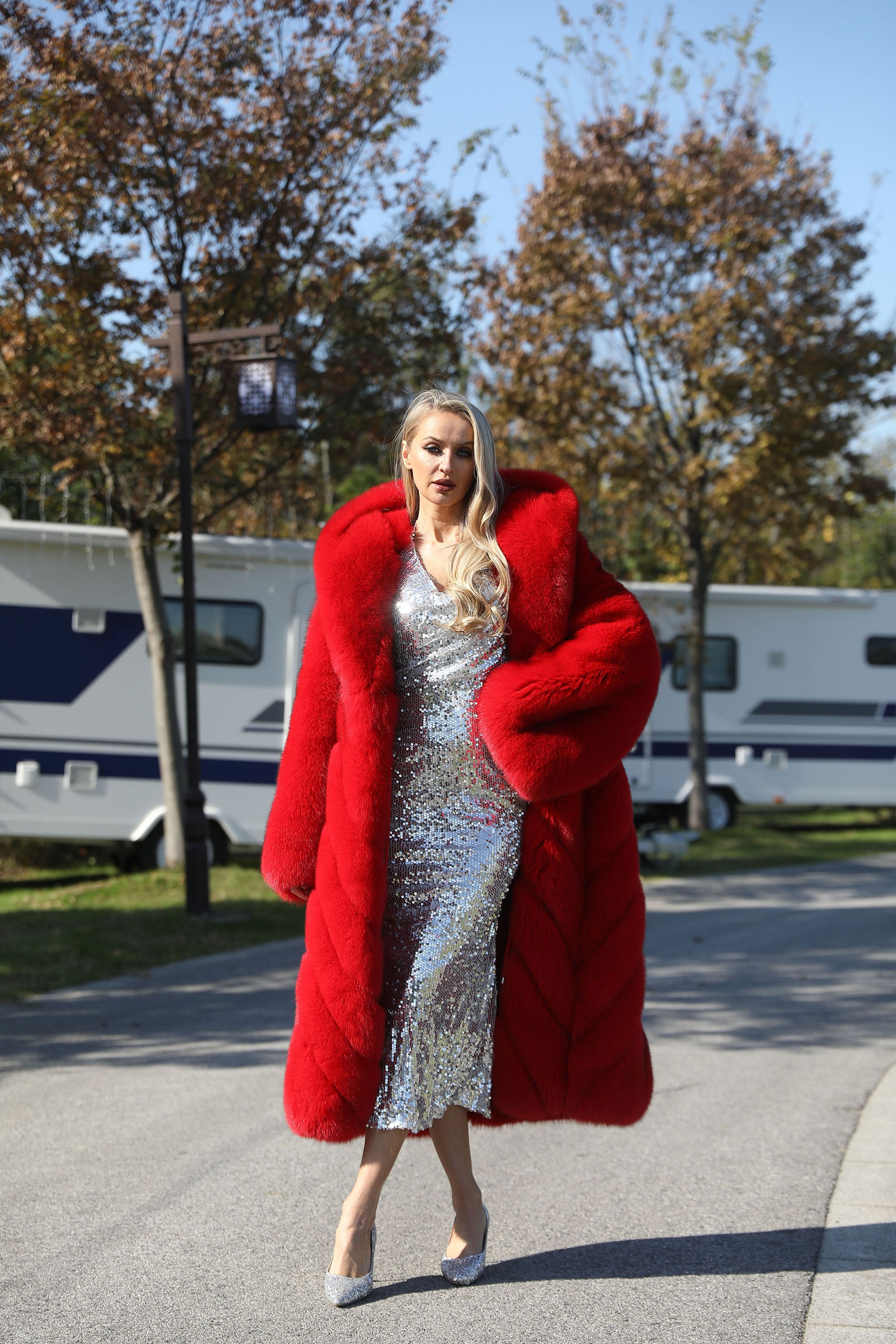 Women's Real Fox Fur Long Coat with Oversized Hood, Diagonal Stripe Panels & Full-Pelt Sleeves